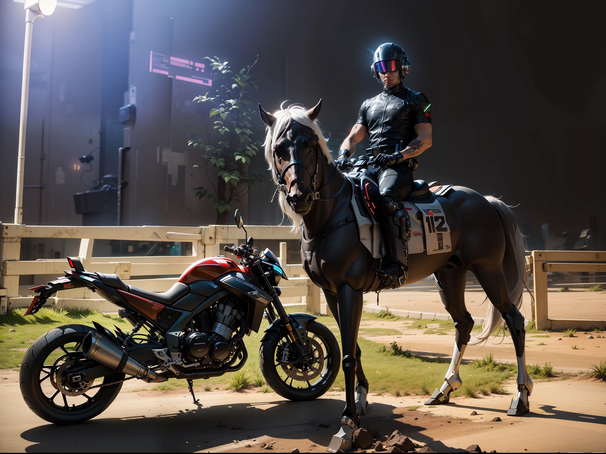 Handsome cyberpunk rider with black mech, black cyberpunk mechatech helmet, cyberpunk motorcycle, high-tech black full surround helmet, short white hair, Nousr, biomechanics, MSHN robot man, high-tech helmet, surreal, steel, complex design, crazy details, fine details, extremely clear lines, cinematic lighting, photo realisticity, detailed masterpiece