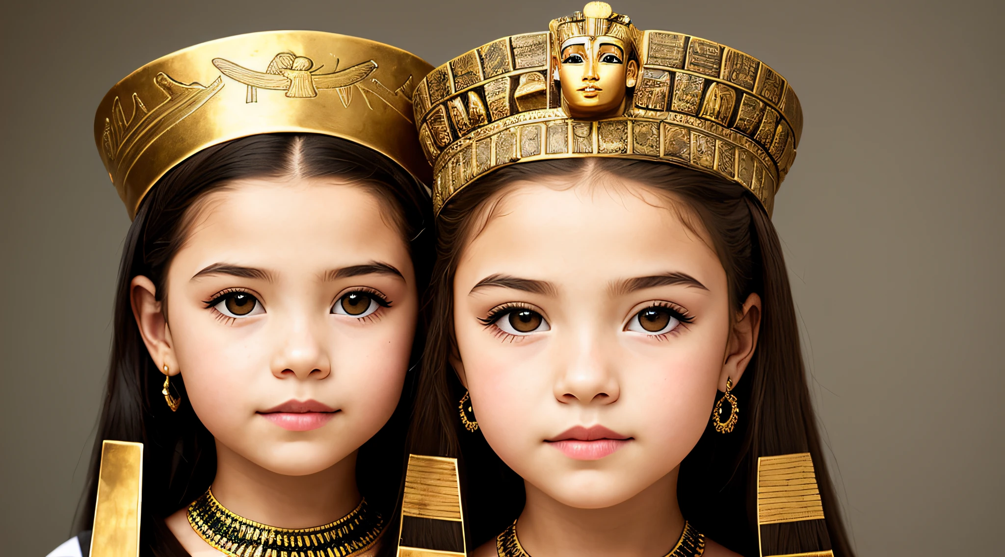 GIRL CHILD BLONDE WITH LONG HAIR, A PORTRAIT, of a bust of a mENINA CHILD wearing a hat, wearing an egyptian crown, Nefertiti, ancient egyptian, egyptian, egyptian makeup, precise for egyptian tradition, egyptian art, makeup of egypt, beautiful and huge head ornaments, ancient egyptian art, ancient egyptian art, ancient egypt, beautiful cleopatra, egyptian princess,  Ancient Princess Libu