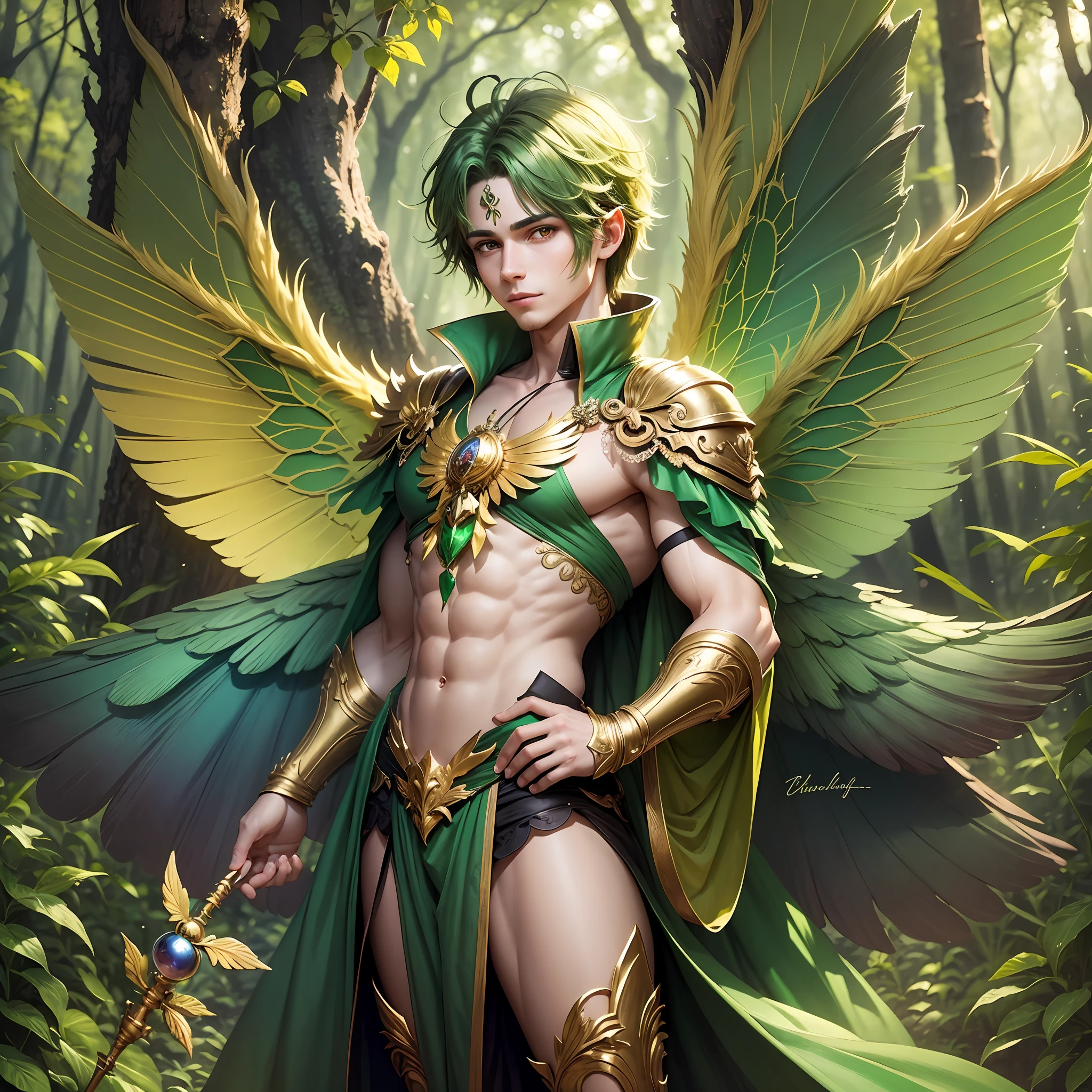 Cute male fairy with green and gold details, large wings, forest in the background, vibrant colors, lush light, soft light, sunset light, smooth light, symmetrical, full body --auto --s2