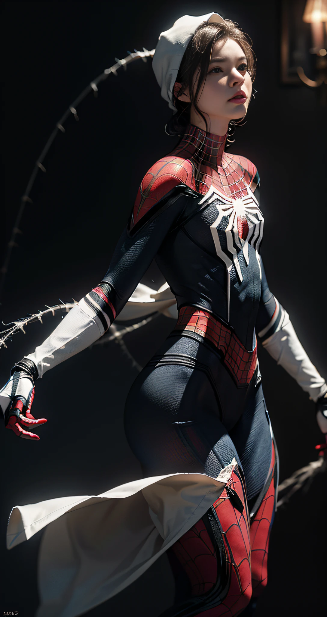 (Extreme Detail CG Unity 8K wallpaper, masterpiece, highest quality), (exquisite lighting and shadows, very dramatic images, cinematic lens effect), ((Girl in a White Spider-Man Costume))), brown hair color, Spider-Man parallel universe, topless, skirt, dynamic pose), (excellent detail, excellent lighting, wide angle), ( Excellent rendering, enough to stand out in its class), ((White Spider-Man costume)), focusing on complex spider textures