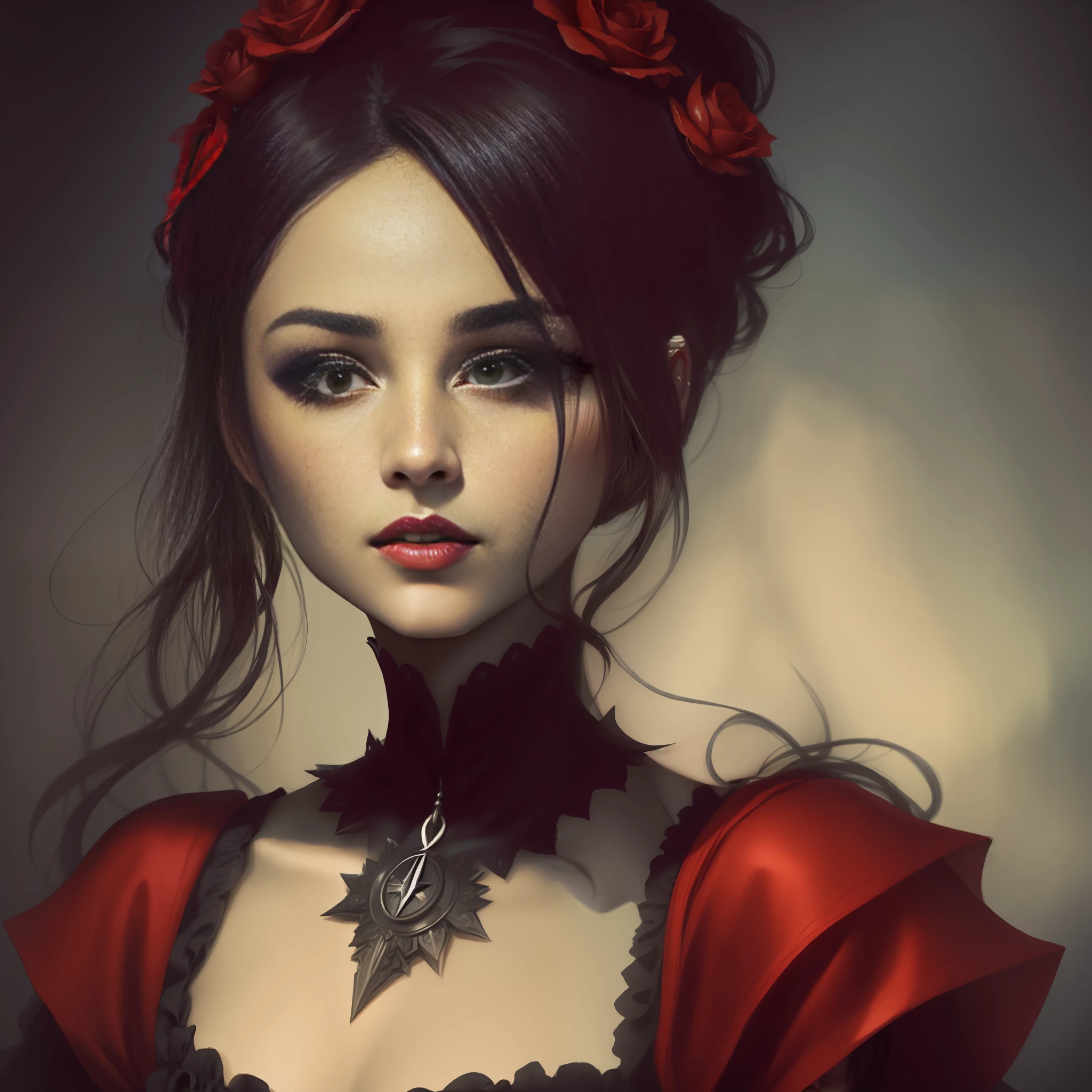 Facing front, black and red gothic lolita dress, full body, perfect proportions, portrait, high resolution, top quality, super high quality, super detail, super realistic, photorealistic, woman with cute face. dark fantasy, dark fantasy portrait, bowater art style, fantasy art portrait, beautiful fantasy art portrait, dark fantasy style art, beautiful fantasy portrait, detailed matte fantasy portrait, gorgeous digital painting, Digital fantasy portrait, artgerm portrait