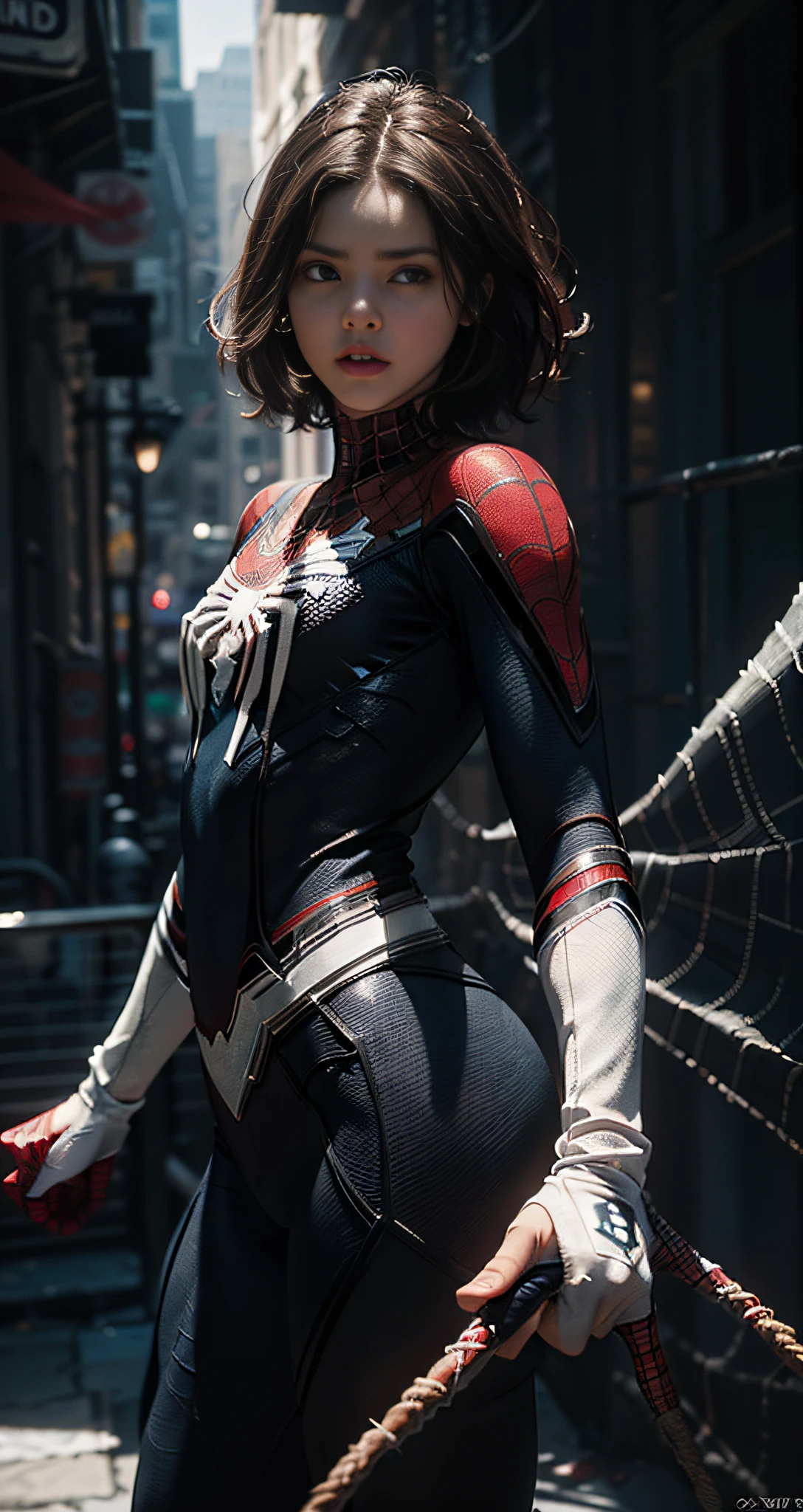 (Extreme Detail CG Unity 8K wallpaper, masterpiece, highest quality), (exquisite lighting and shadows, very dramatic images, cinematic lens effect), ((Girl in a White Spider-Man Costume))), brown hair color, Spider-Man parallel universe, topless, skirt, dynamic pose), (excellent detail, excellent lighting, wide angle), ( Excellent rendering, enough to stand out in its class), ((White Spider-Man costume)), focusing on complex spider textures