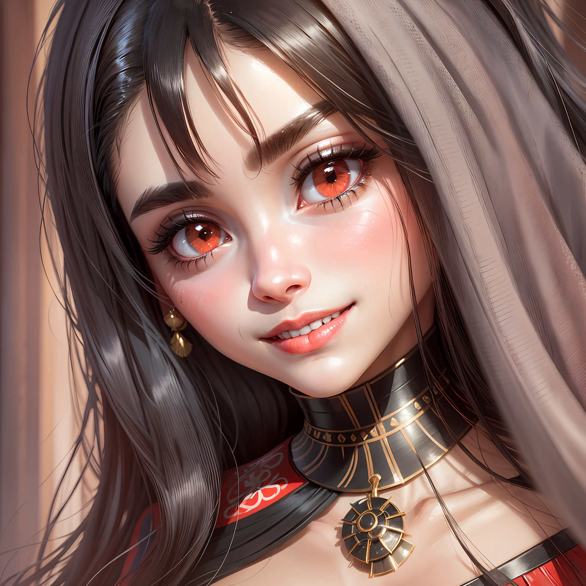 black hair, long hair, straight hair, make up, smile, blush, seductive smile, happy, red lips, blush nose, brunette girl, cute face, Surrealism, 8k, super detail, textured skin, anatomically correct, high quality, high details, best quality, HD, 16k --auto --s2