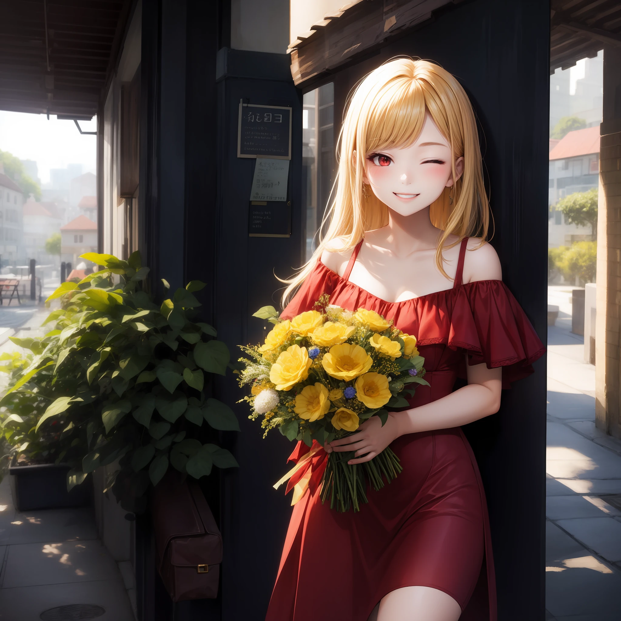 blonde, red eyes, girl, alone, solo, 1girl, red dress, off-shoulder, bouquet, sun, sunlight, mouth closed, smile, wink