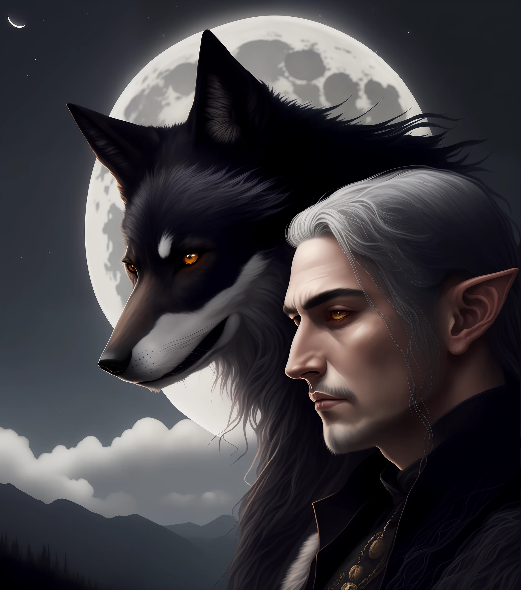 witch and wolf in front of a full moon, darius zawadzki and tom bagshaw, geralt of rivia, dark fantasy style art, portrait of geralt of rivia, realistic fantasy illustration, witcher)), fantasy wolf portrait, fantasy male portrait, in style of dark fantasy art, wolf companion, werewolf”, inspired by Kieran Yanner