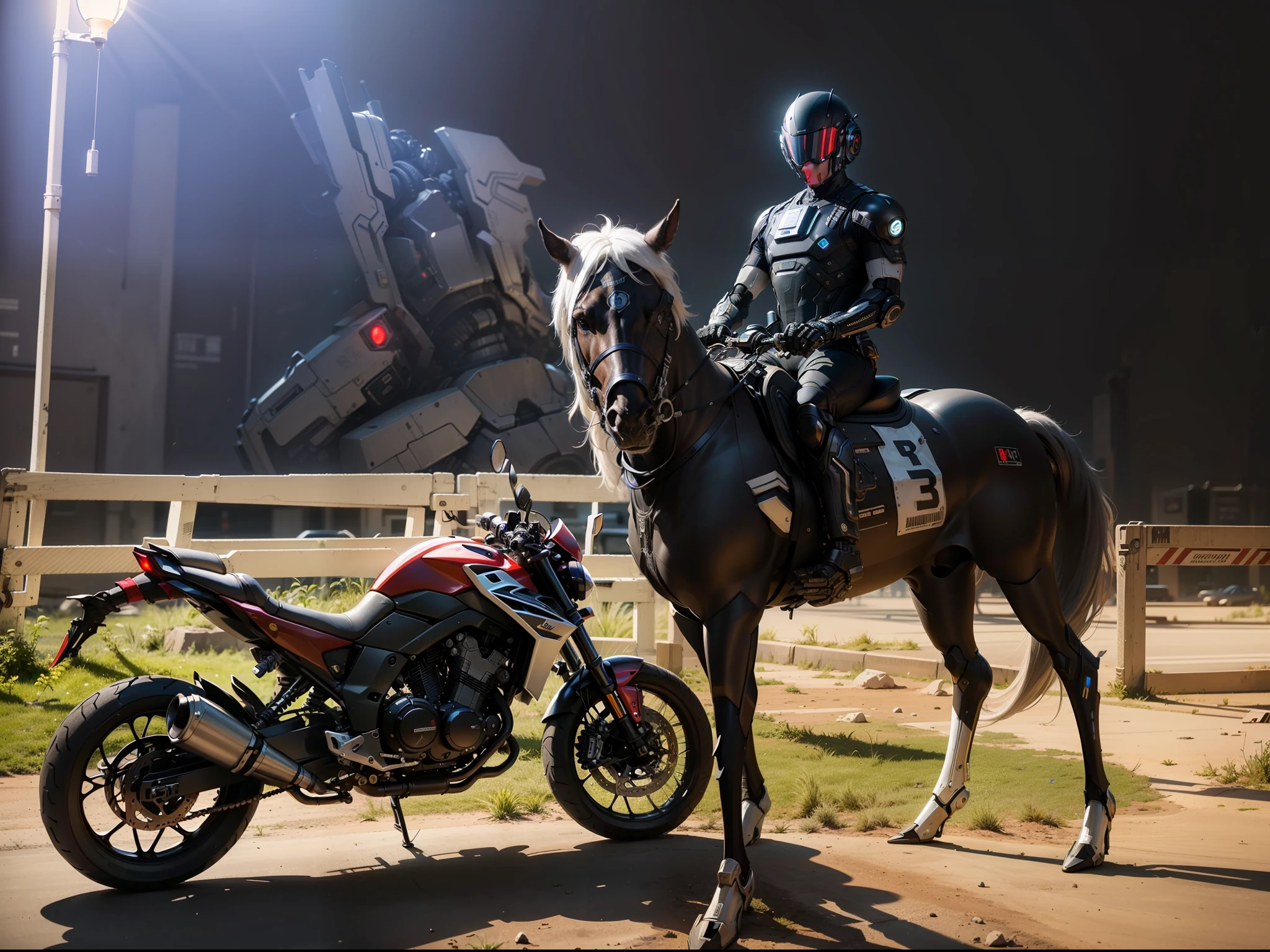 Strong handsome cyberpunk rider with black mech, black cyberpunk mechatech helmet, cyberpunk motorcycle, high-tech black full enveloping helmet, short white hair, Nousr, biomechanics, MSHN robot man, high-tech helmet, surreal, steel, intricate design, crazy details, fine details, extremely clear lines, cinematic lighting, photo realistic, detailed masterpiece
