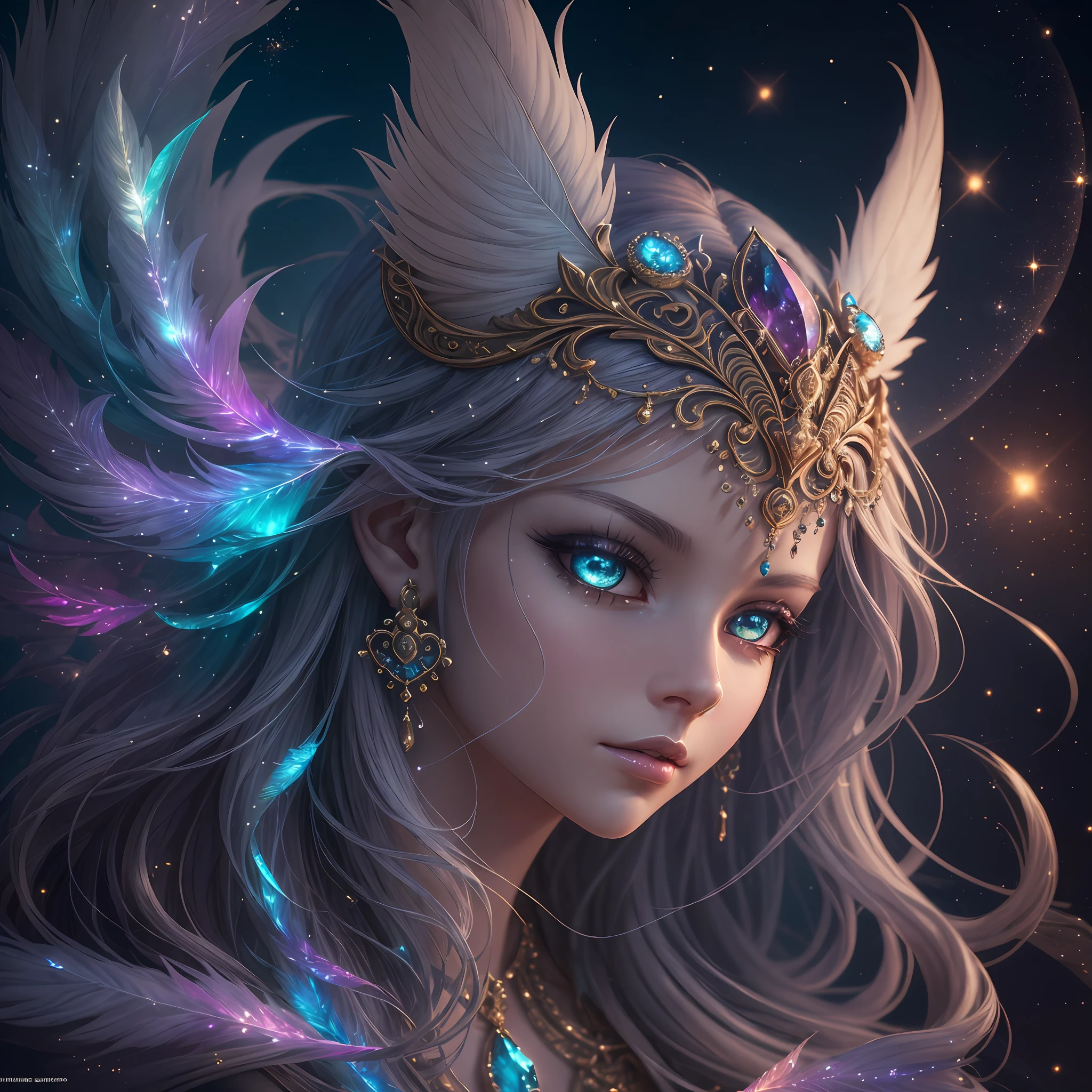generate a celestial adorable non-human animal in the style of majesty and fantasy. the animal should be the most majestic animal ever created. Consider details like fluffy and feathers and silk and satin and shimmer and glimmer. Include subtle details of phantasmal iridescence. emphasize small details of fantasy and ornate jewels. camera: utilize interesting and dynamic composition. enhance visual interest. lighting: use ambient lighting that enhances the ambiance of fantasy. include bold colors and deep shadows. hires, detailed eyes, hires detailed eyes, hires small details, ornate, intricate details, 8k, shimmer, unity, official cgi unreal engine, high resolution, (((masterpiece))), high quality, highres, detail enhancement