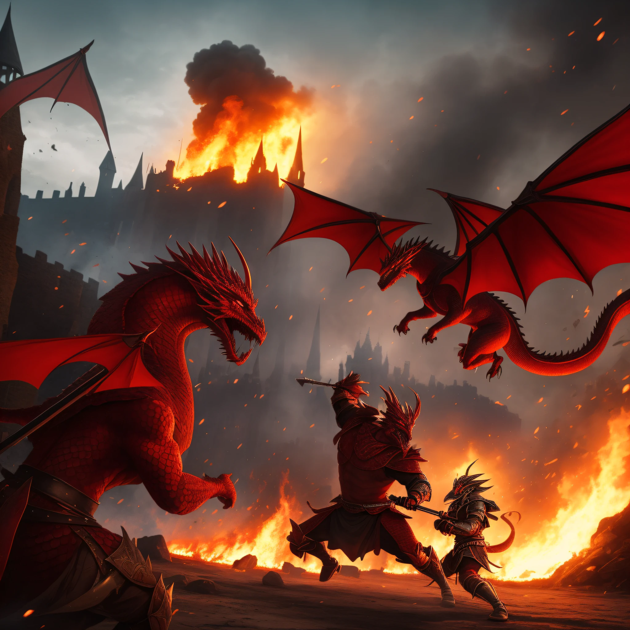 In this intense scene, a fearless medieval warrior faces off against a red dragon, while the castle in the background burns to the ground. The warrior's golden armor reflects courage and spirituality as he prepares for confrontation. The atmosphere is charged with tension and heroism --auto