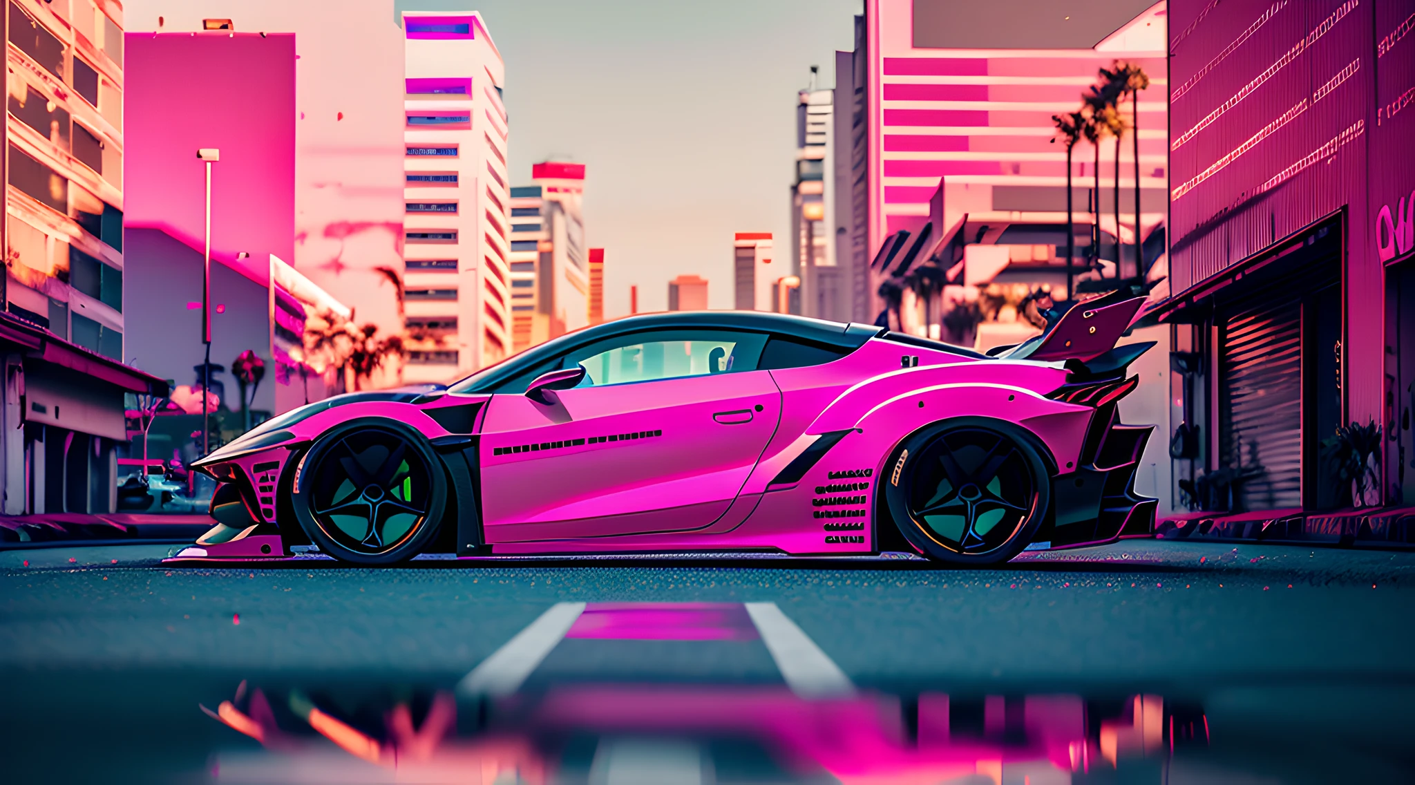 swpunk, synthwave, paint splatters, (extremely detailed 8k wallpaper), a medium shot photo of a futuristic concept car parked in an elaborate cyberpunk city, ray tracing, detailed reflections, Intricate, High Detail, dramatic, best quality masterpiece, photorealistic, detailed, 8k, HDR, backlighting, bloom, light sparkles, chromatic aberration, sharp focus