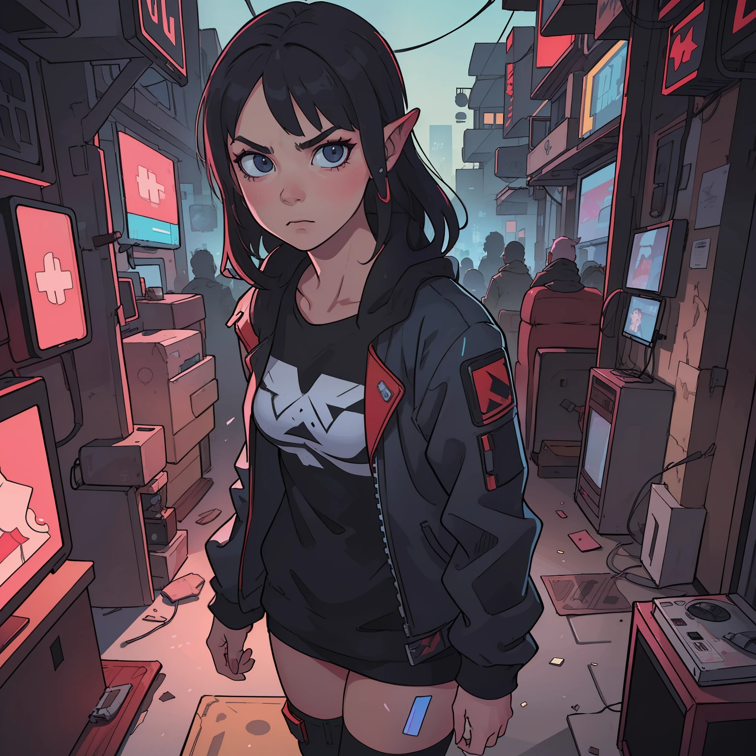 ((masterpiece)), ((best quality)), ((ultra high resolution)), a woman, orc, alone, serious, cyberpunk clothes 2077, inside a cyberpunk house 2077, very detailed background, detailed skin, detailed face, gorgeous, messy, dynamic poses, hacker, hologram, futuristic clothes