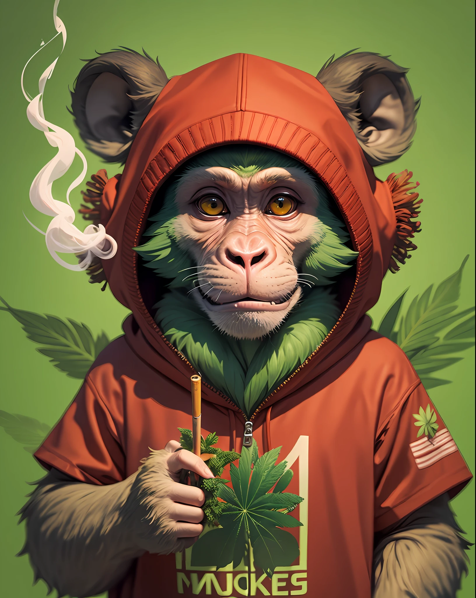 Monkey in red and green clothes, smoking marijuana.