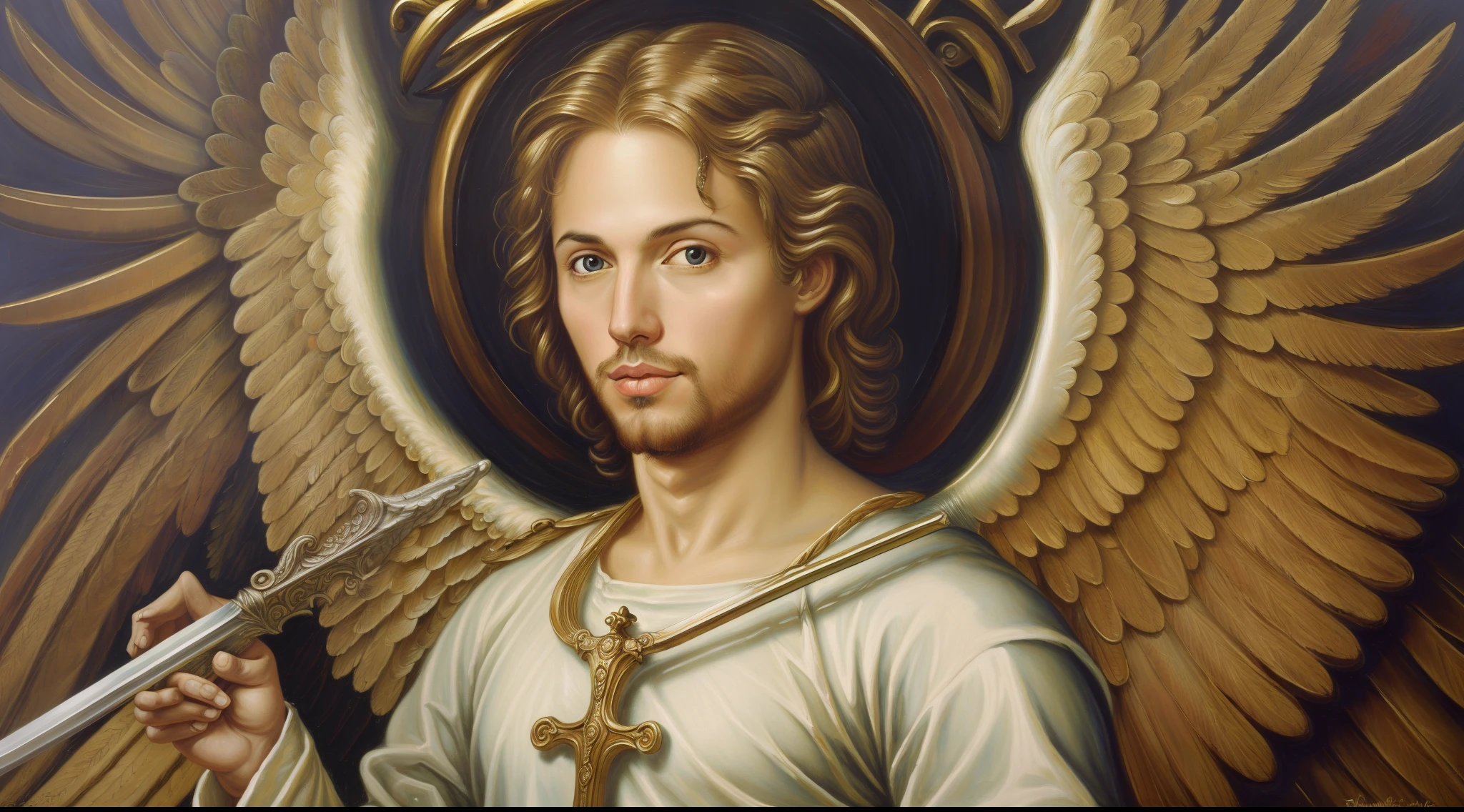 Blonde man St. Archangel Michael with the sword, 29 years old, Catholic saint. celestial environment. purity. emanating healings. oil painting. In the bustling metropolis of New York City, you're a guardian angel assigned to care for a troubled soul.