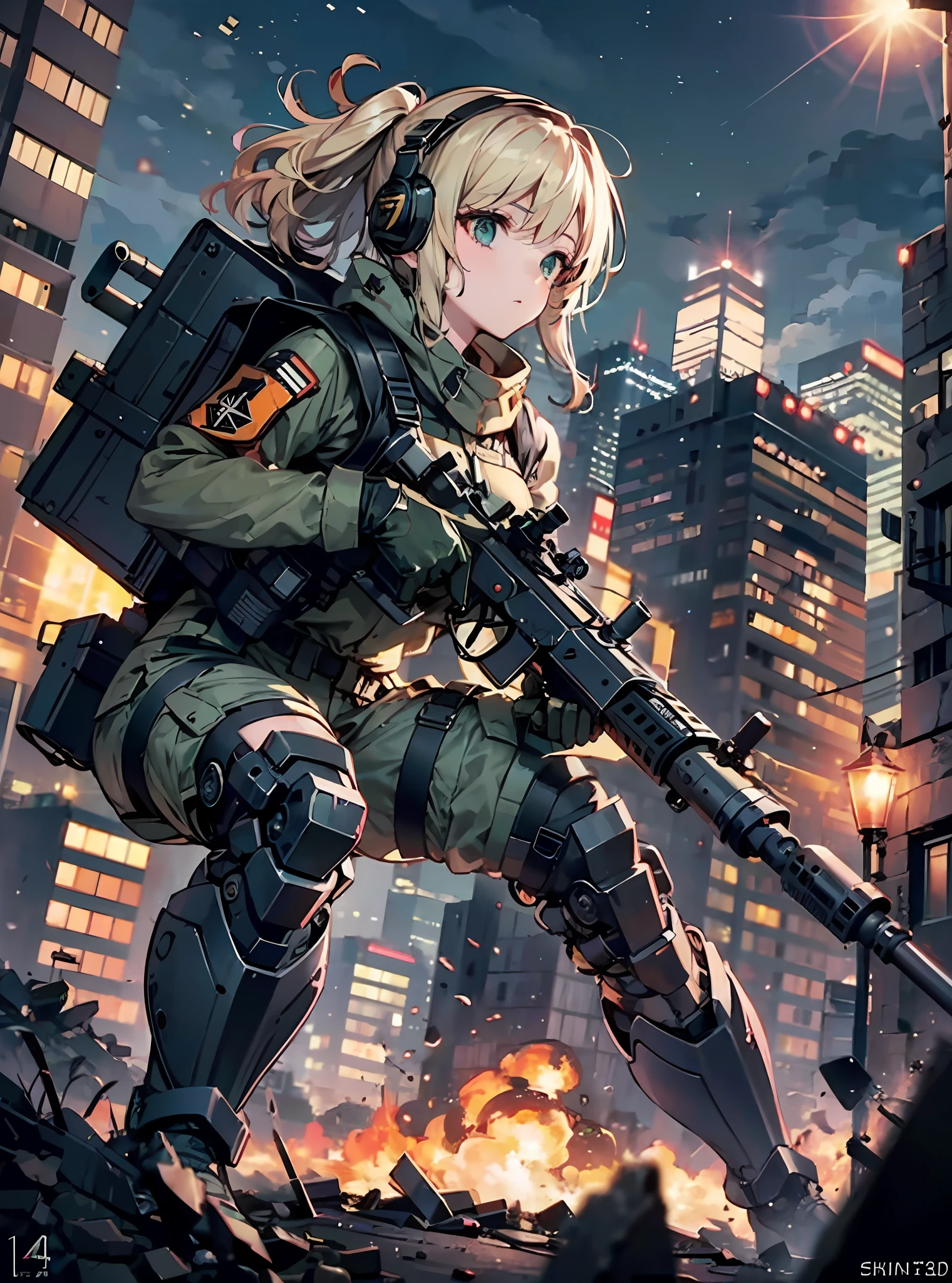 {{Masterpiece, top quality, highly detailed CG, 16K, movie lighting, lens flares}}, (Lahti L-1 girl soldier sniping a huge military robot with an anti-tank gun), black combat uniform, wide view, thick body, Photorealism: 1.4, long blond hair, green eyes, have multiple weapons, aim accuracy 1.4, Lahti L-39 anti-tank gun, direct light, Night footage with f/1.8 lens flare, shot on rubble with a depth of field of 35mm ((Shinjuku at night in battle by 5 Special Forces SWATs)), (sniping with anti-tank rifles), FROM SIDE, HDR, Hyper detailed, wreckage of a giant robot, (Wide Angle Lens), Aftersight
