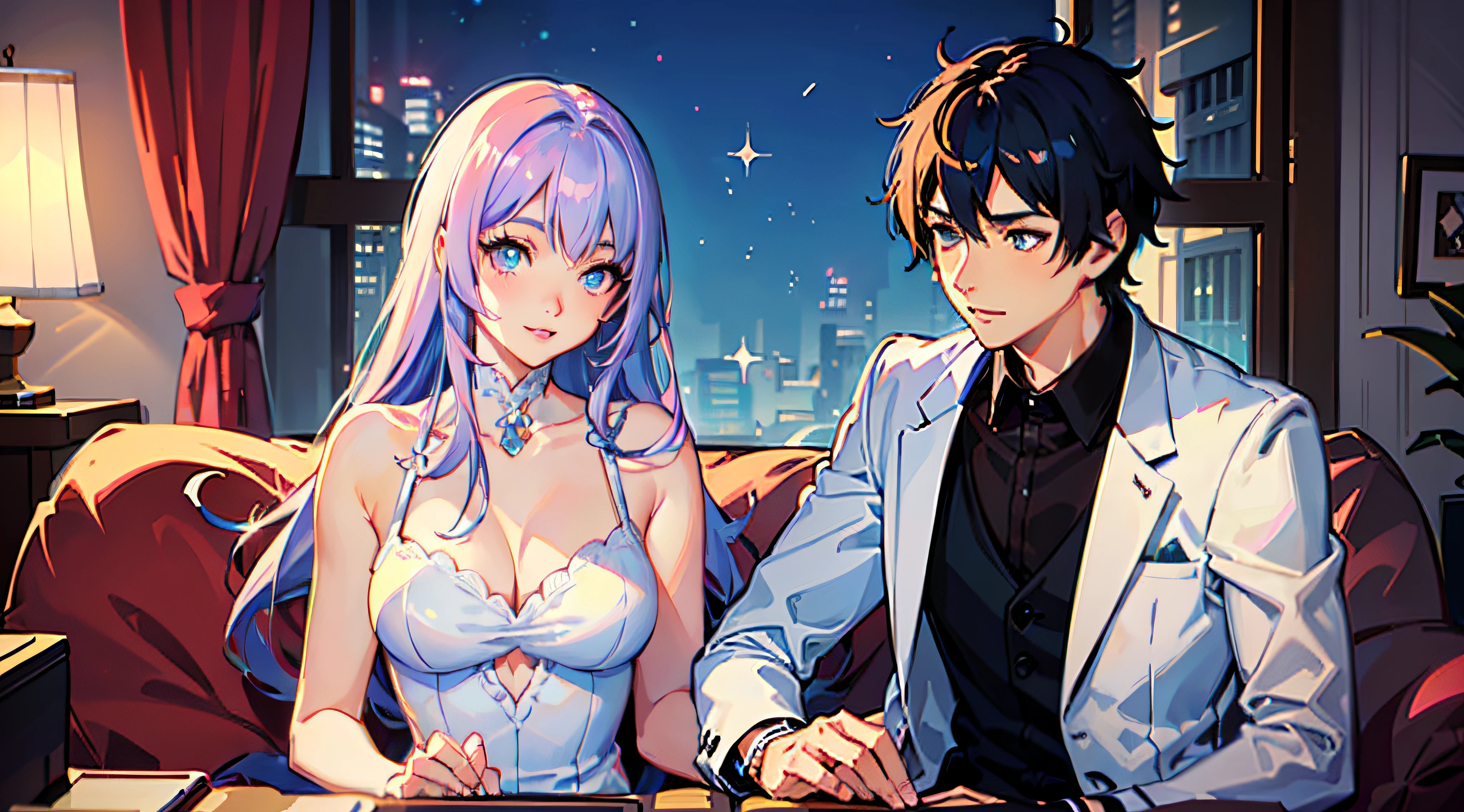anime couple sitting on couch in front of cityscape, sakimichan and frank franzzeta, nightcore, anime style 4 k, ; visual novel, anime art style, 2 d anime style, digital anime illustration, illustrated anime, anime style illustration, pixiv style, ross tran and ilya kuvshinov, jazza and rossdraws