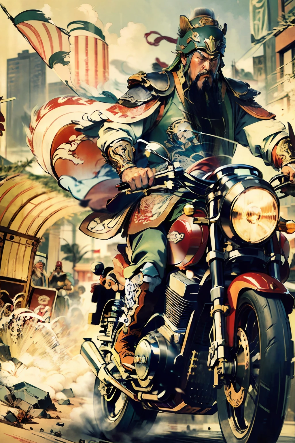 Comic style, HD quality, full body, perfect face, (eyes), Guan Yu, riding a red motorcycle, motorcycle,