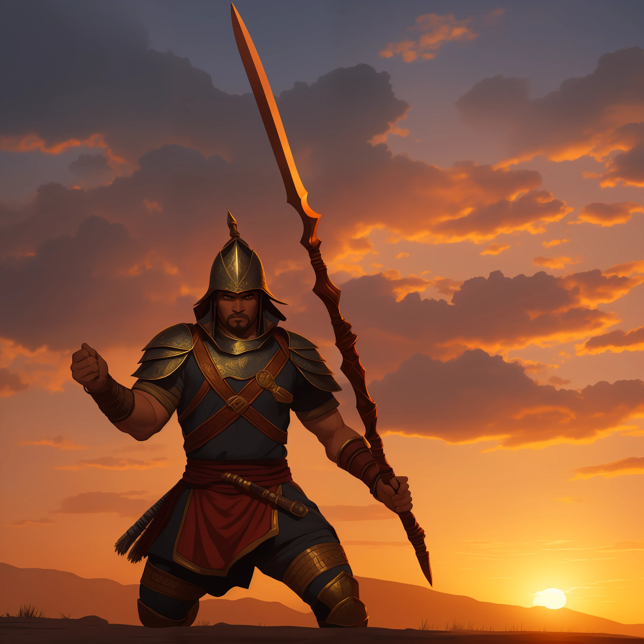 Eleasar warrior with spear, fighting with 800 soldiers, sunset --auto