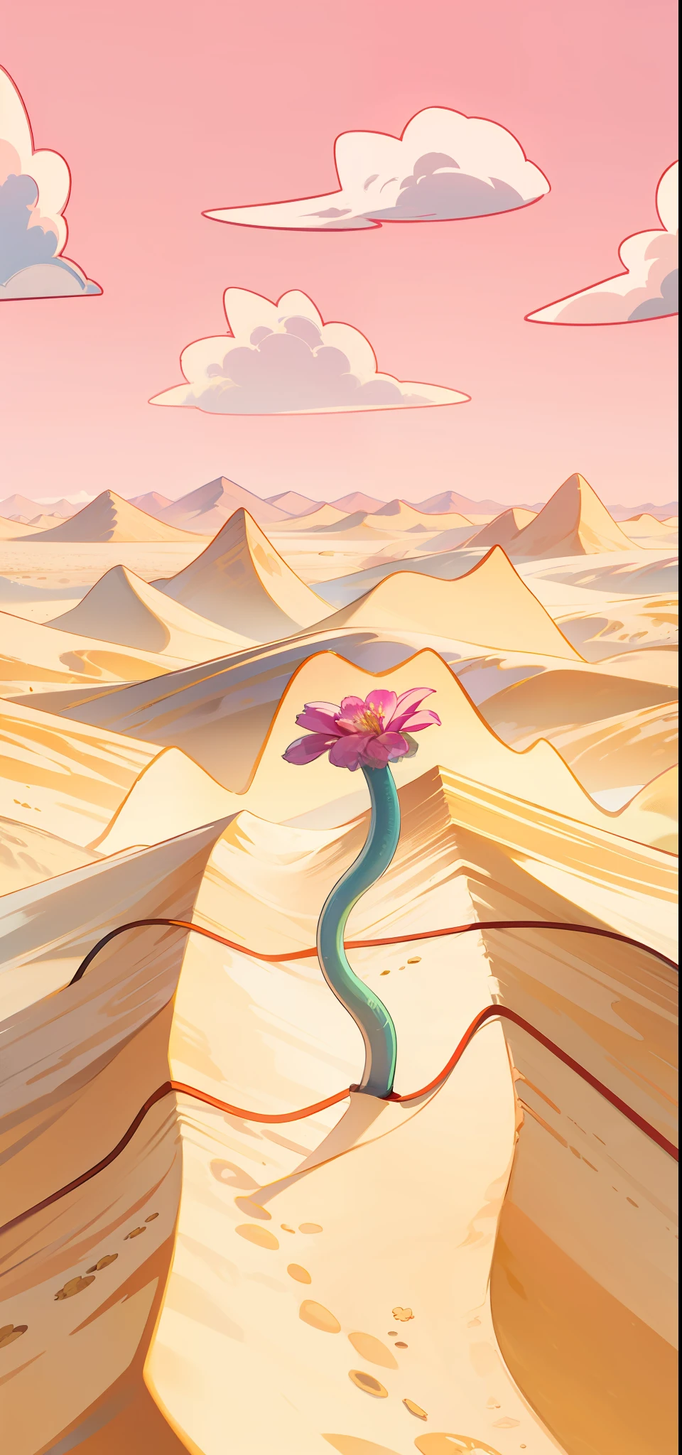 Desert, sand, mountains, flower in foreground, pink flower, pink flower, purple flower, natural flower, sand desert, blurred background, blue sky, white clouds