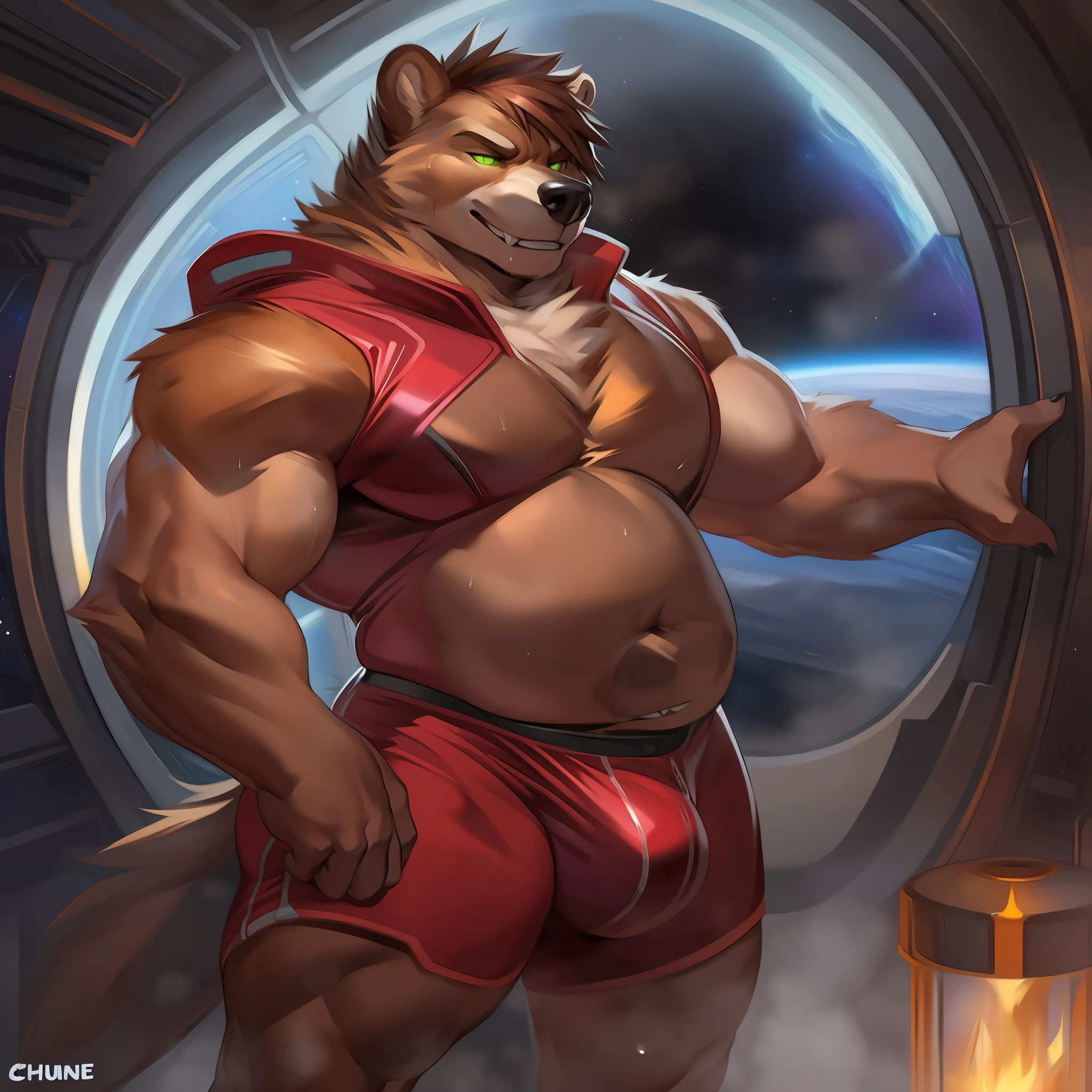 Solo, male, bear, bulge, detailed bulge, detailed crotch, muscular, big, strong, powerful, thick, wide, slightly chubby, large pecs, brown fur, fangs, teeth, evil expression, smirking, steam, sweaty, sweat, black nose, green eyes, detailed eyes, detailed hands, brown hair, hair covering eye, medium hair, by chunie, by darkgem, by glitter trap boy, spaceship, space, window, glowing eyes, blood on the wall, standing, red spacesuit, holding sci-fi rifle