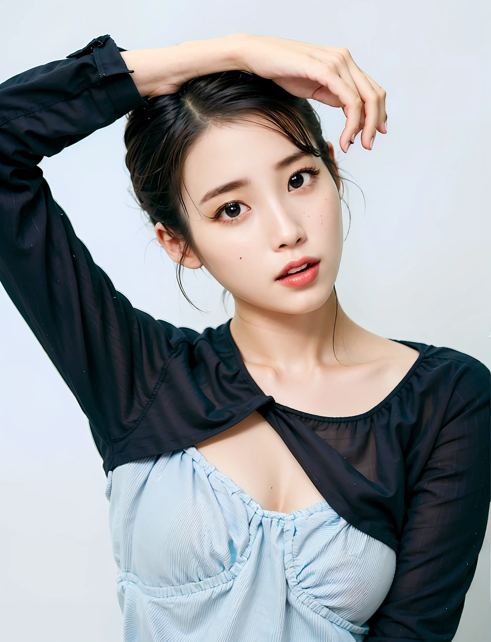 a close up of a woman in a blue dress with a black top, bae suzy, lee ji - eun, lee ji-eun, heonhwa choe, beautiful south korean woman, hwang se - on, gorgeous young korean woman, female actress from korea, beautiful young korean woman, jinyoung shin, jiyun chae, korean women's fashion model, iu1, big jugs, deep cleavage, big jugs, bug boobs