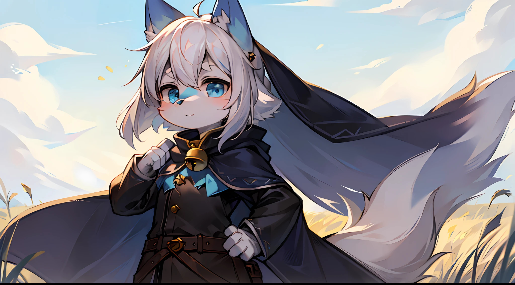 Sunny day, furry, blue wolf, cape, white hair, prairie, bell, child, humanoid, big fluffy tail, dog ears, super cute face, pose