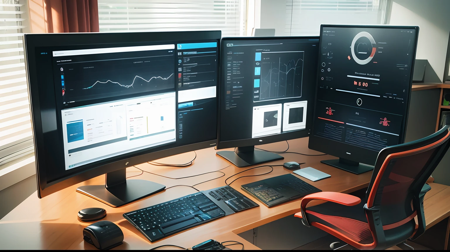 A user using an interactive table equipped with holographic projection, which displays 3D models of financial technologies and charts. It can manipulate the models virtually, browse the financial data, and do detailed analysis. --auto