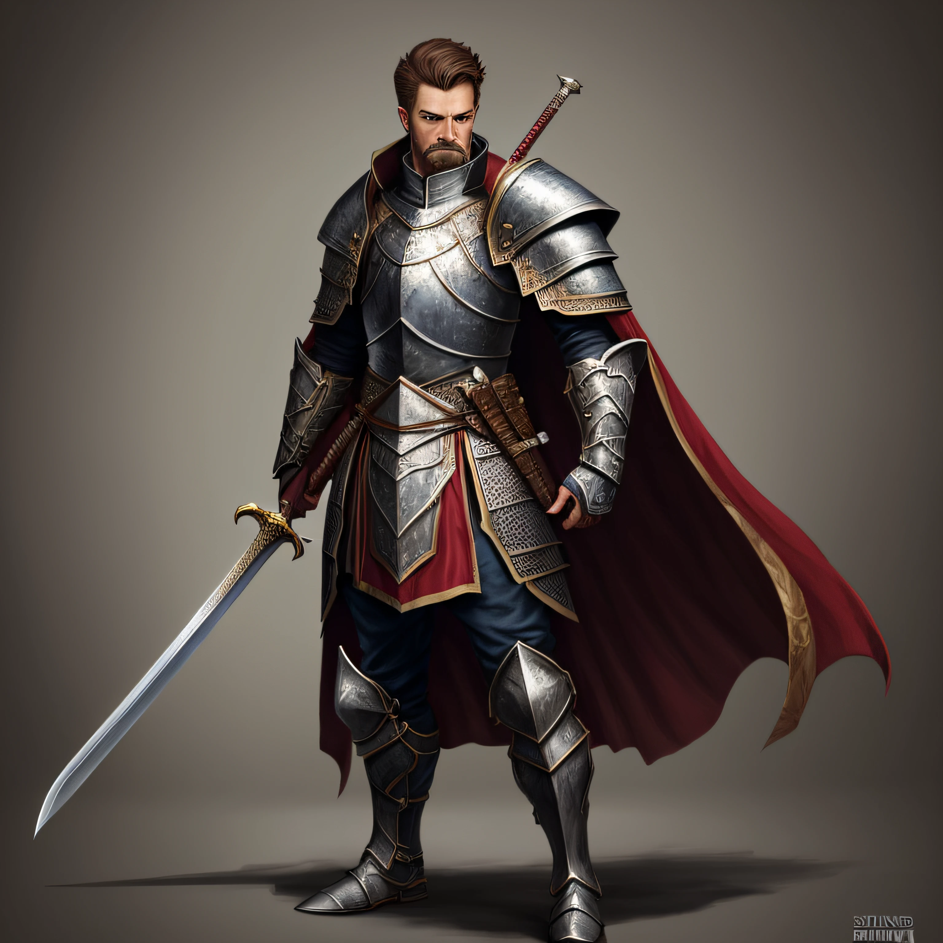 KNIGHT, STANDING, WITH DETAILED MUSTACHE, DETAILED FACE, ELEGANT, WITH SWORD IN RIGHT HAND, epic portrait, fantasy male portrait, art RPG concept portrait, male warrior, fantasy concept portrait, epic portrait illustration, character detailed portrait, large black armor with red details, full armor, blue eyes, short hair, brown hair, detailed hands, cape, detailed legs, foot details, kill a man --auto