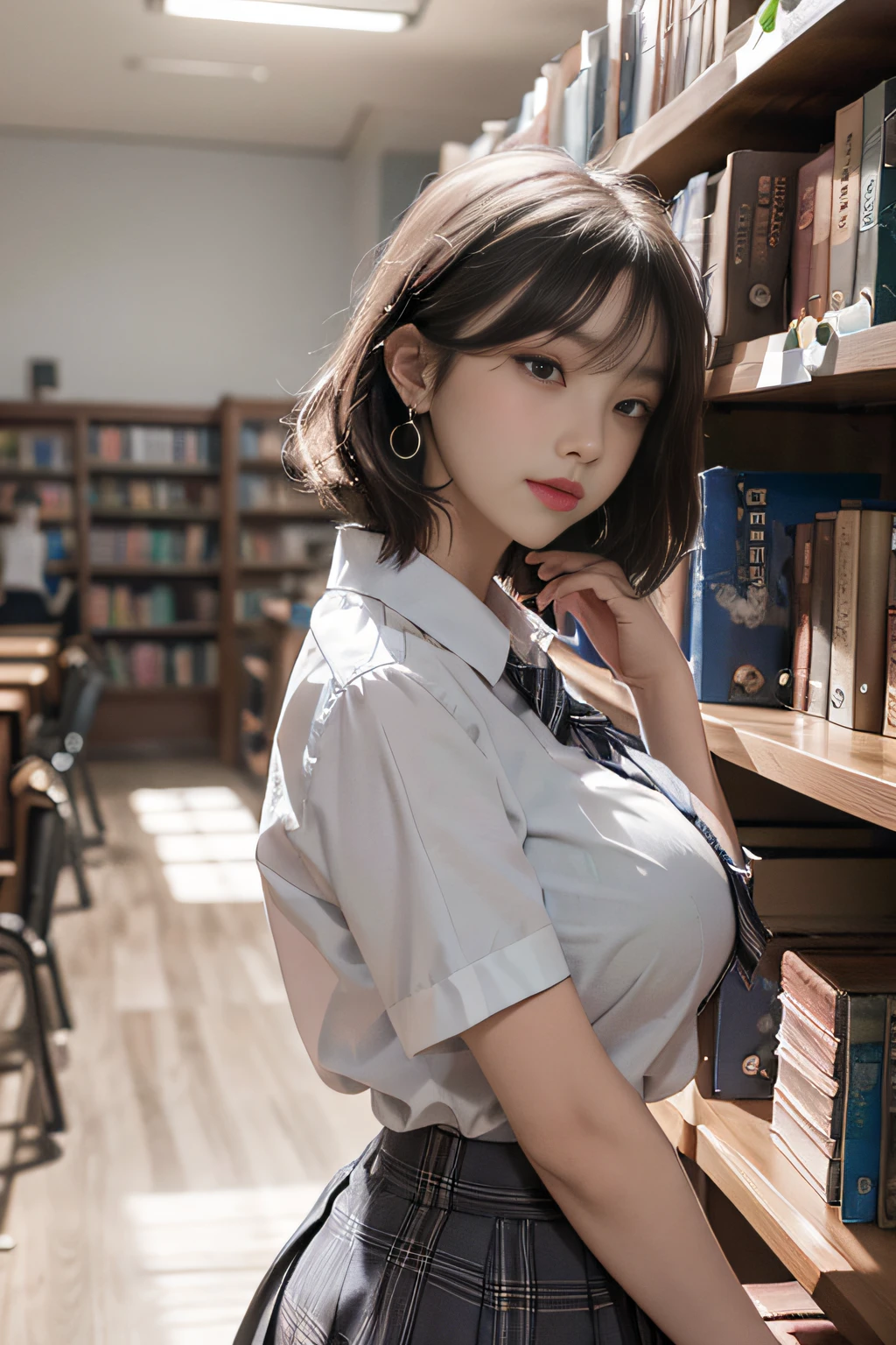 Best image quality, RAW photo, super high resolution, taken from the side, gentle smile, 16 years old Korean, very big breasts, tie, ribbon, school uniform, collared shirt, school uniform shirt, plaid skirt, fair skin, shiny white skin, short bob, bright silver hair, bright gray hair, neatly aligned bangs, beautiful eyes, beautiful eyes of random colors, very thin lips, beautiful eyes with details, Elongated eyes, pale pink blush, long eyelashes, beautiful double eyelids, eyeshadow, earrings, night school, dimly lit library at night, standing next to a bookshelf