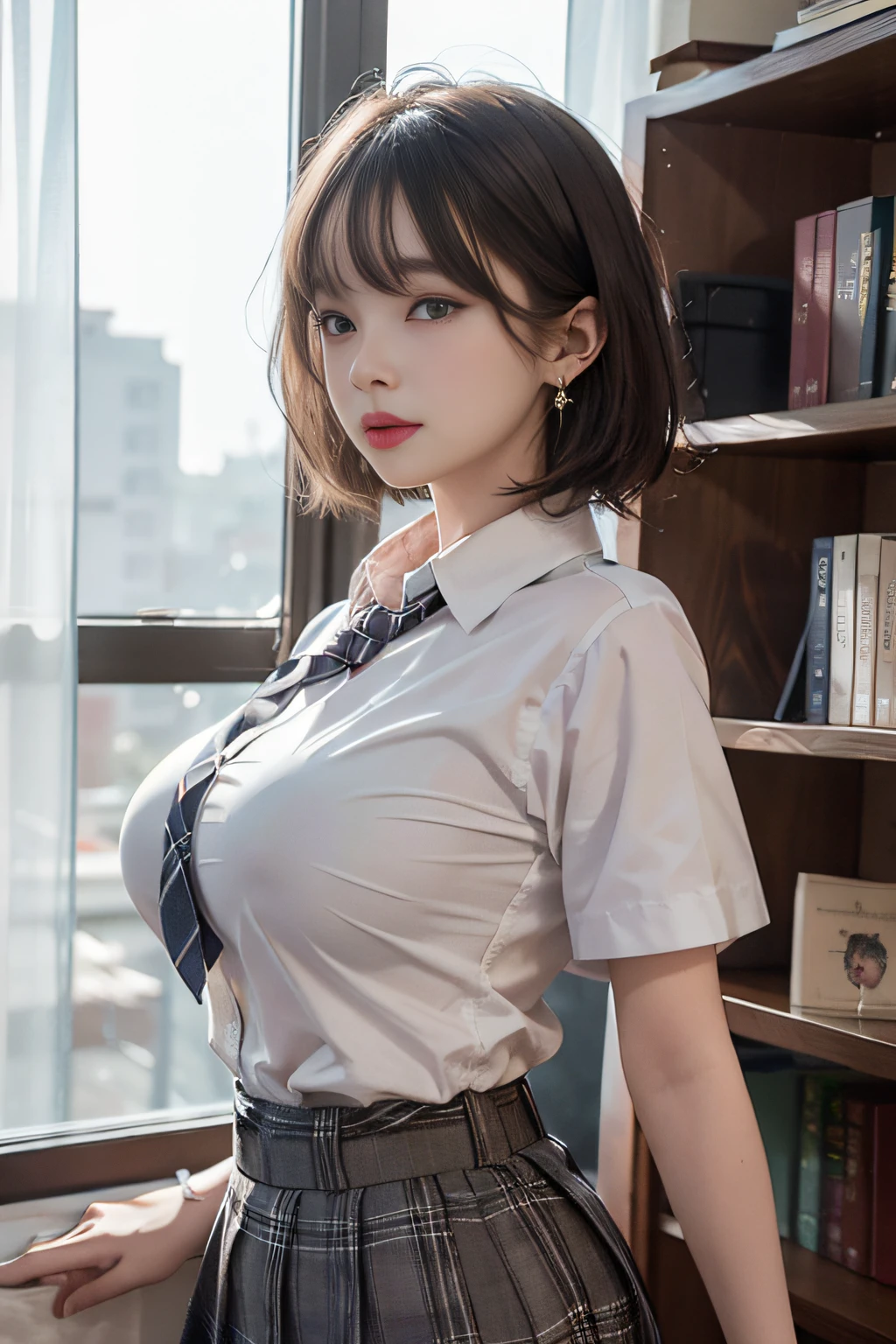 Best image quality, RAW photo, super high resolution, taken from the side, gentle smile,  Korean, very big breasts, tie, ribbon, school uniform, collared shirt, school uniform shirt, plaid skirt, fair skin, shiny white skin, short bob, bright silver hair, bright gray hair, neatly aligned bangs, beautiful eyes, beautiful eyes of random colors, very thin lips, beautiful eyes with details, Elongated eyes, pale pink blush, long eyelashes, beautiful double eyelids, eyeshadow, earrings, night school, dimly lit library at night, standing next to a bookshelf