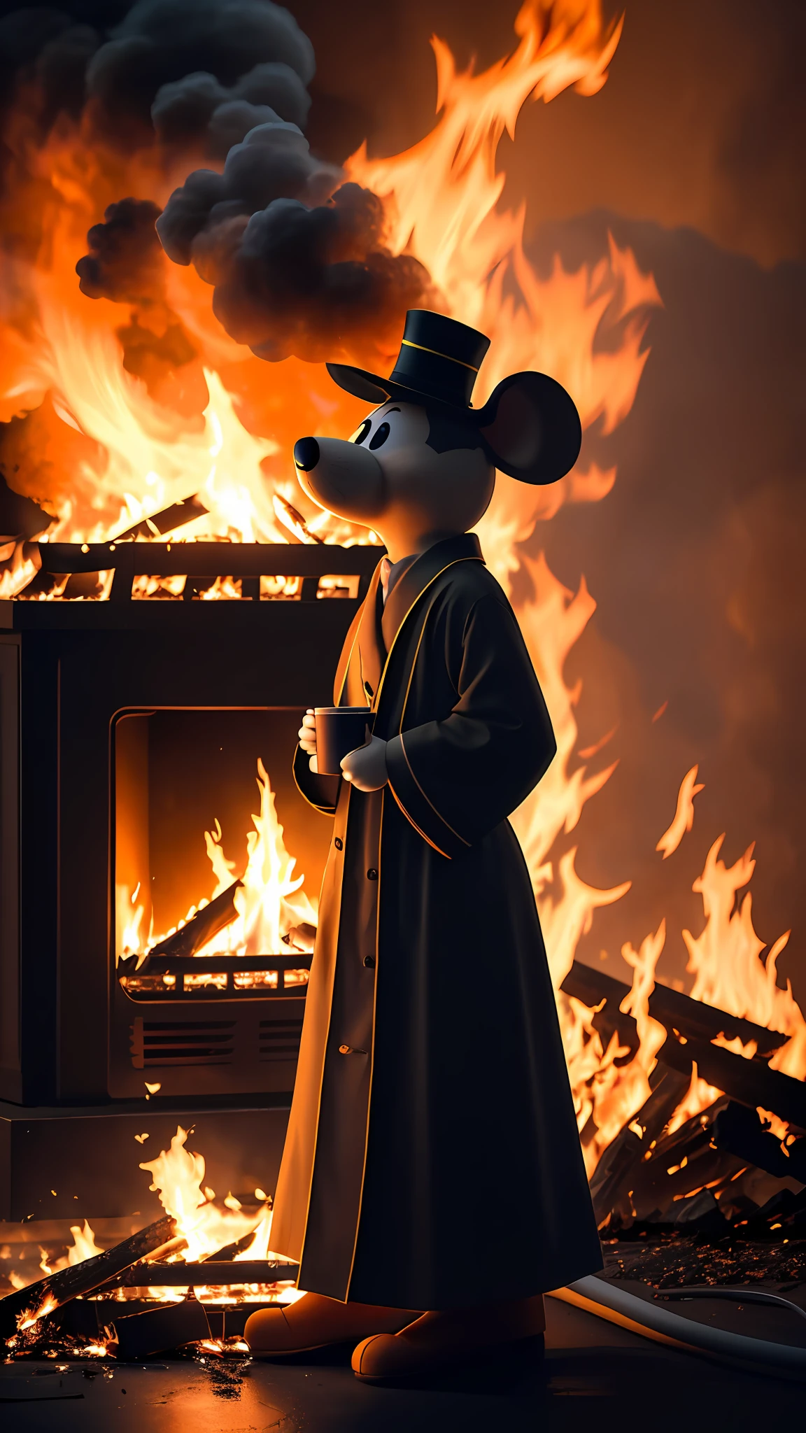 (Best quality: 1.23), (Masterpiece: 1.12), (Realistic: 1.24), (Anthropomorphic mouse: 1.5) holding a coffee cup, sitting, wearing a robe, eating breakfast, holding a coffee cup, hat, particles, volumetric light, the room burned, the floor and chairs caught fire, many gadgets and equipment caught fire, smoke, (surrounding flames: 1.2),