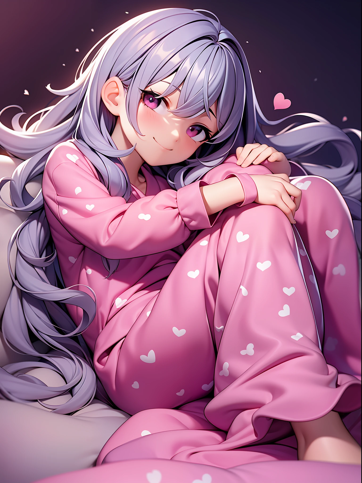 An adorable girl is sleeping peacefully on the couch, wrapped in extremely cute pajamas. Your pajamas are made of a soft and cozy fabric, in a soft color and with charming prints, such as hearts, stars or cute animals. She's lying on her side, hugging her favorite pillow, with a serene smile on her face. Her hair is slightly messy, giving her an even more charming look. Next to her is a fluffy, colorful blanket that keeps her warm in her sleep. The living room is illuminated by a soft light, providing a quiet and relaxing atmosphere. The girl conveys a sense of serenity and peace while lounging in the comfort of the couch.