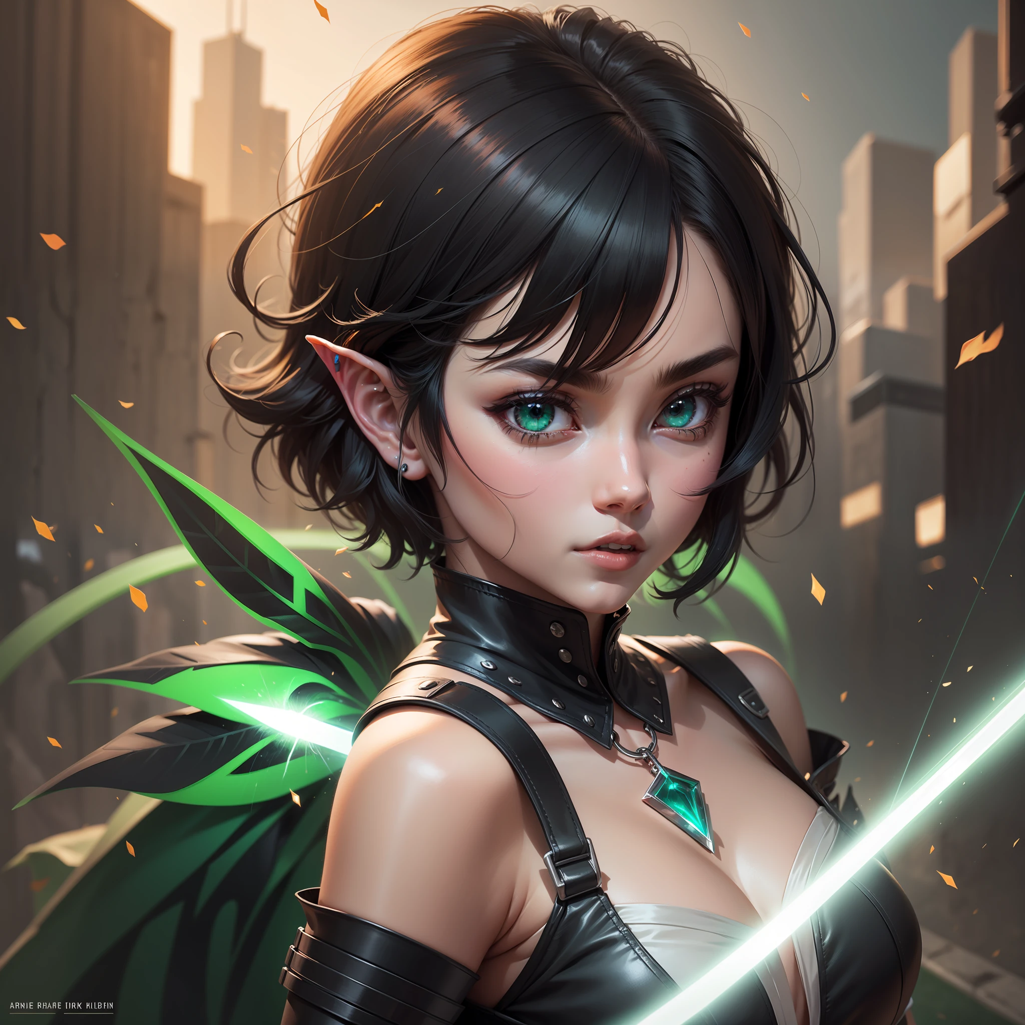 black hair, short hair, dark elf, blades of energy Green, anime, 8k