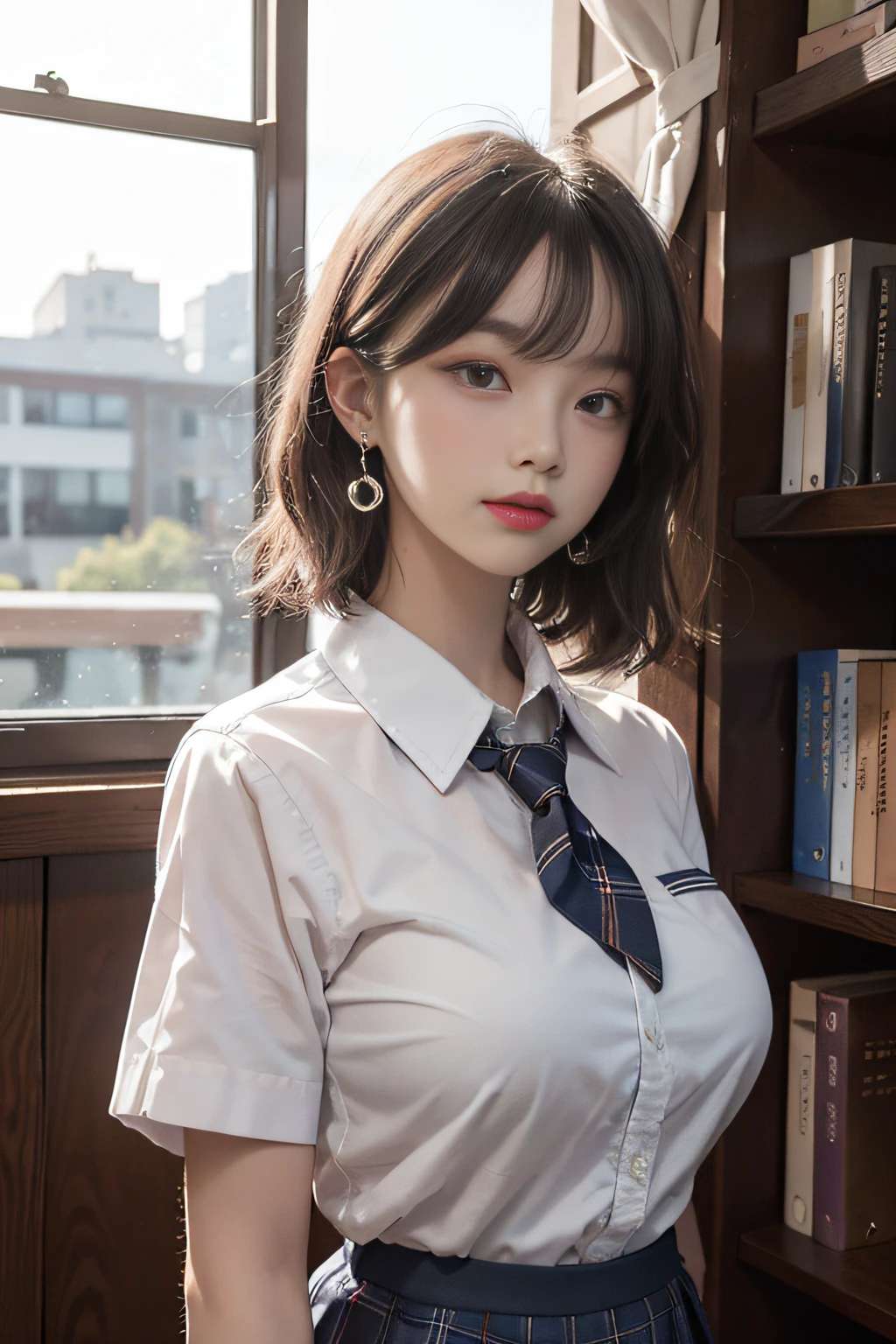 Best image quality, RAW photo, super high resolution, taken from the side, gentle smile, 16 years old Korean, very big breasts, tie, ribbon, school uniform, collared shirt, school uniform shirt, plaid skirt, fair skin, shiny white skin, short bob, bright silver hair, bright gray hair, neatly aligned bangs, beautiful eyes, beautiful eyes of random colors, very thin lips, beautiful eyes with details, Elongated eyes, pale pink blush, long eyelashes, beautiful double eyelids, eyeshadow, earrings, night school, dimly lit library at night, standing next to a bookshelf