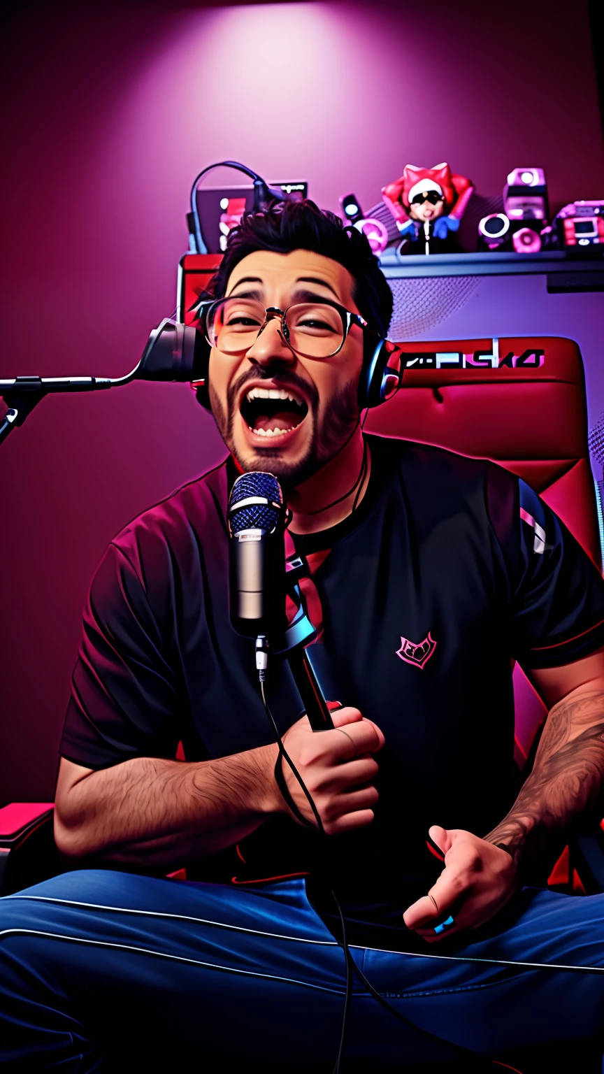 Arafed man with glasses and a microphone in a room, twitch streamer, rap on microphone, singing on microphone, twitch streamer/gamer ludwig, high quality portrait, holding a microphone, sitting in front of a microphone, profile picture 1024px, markiplier, he's screaming, detailed portrait photo, avatar image, microphone holding, anime realistic animation style