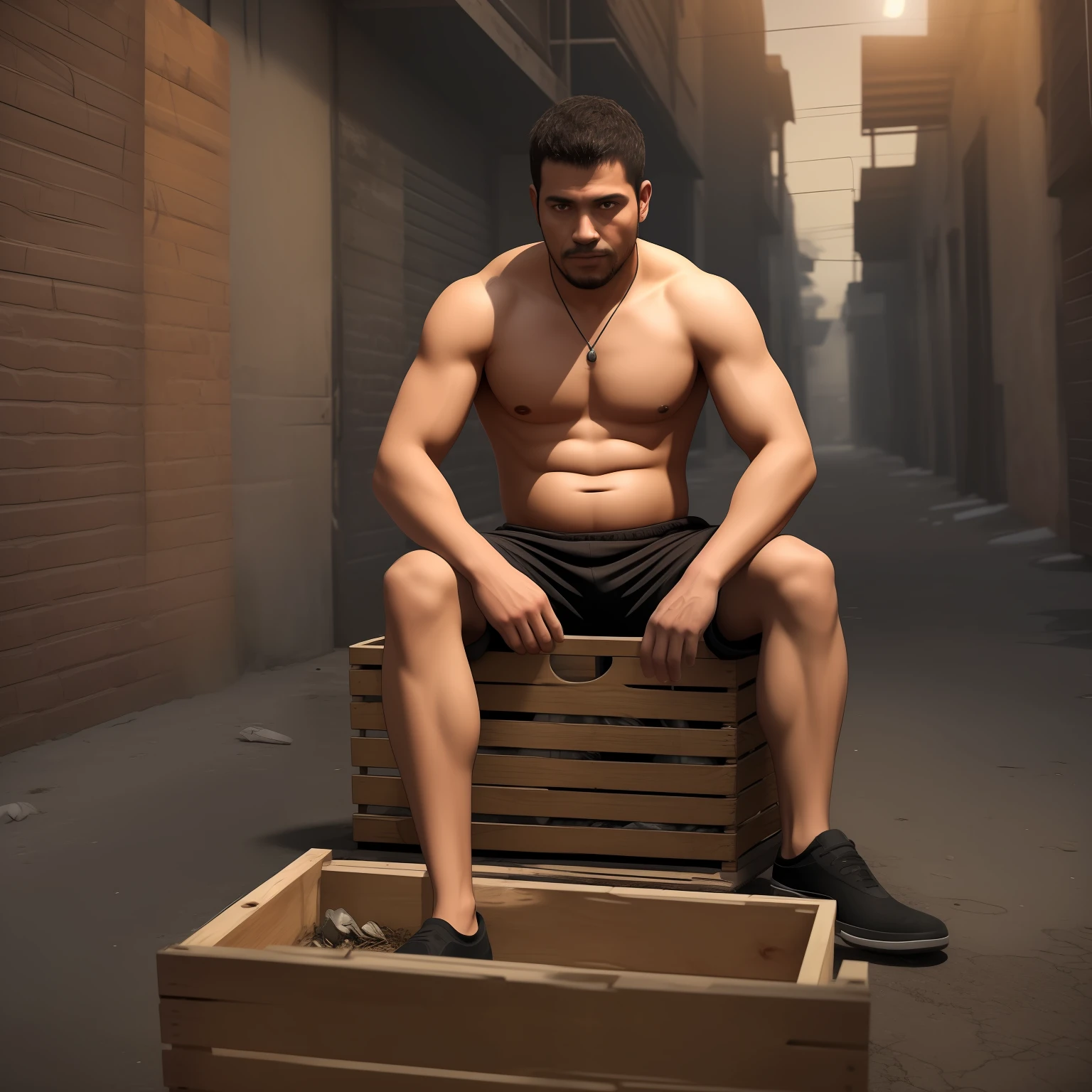 Ultra realistic image of an ugly, dirty, shirtless, very thin guy with a prominent belly, Latin features, black skin, sitting on a crate and a dark alley, offering a spoon