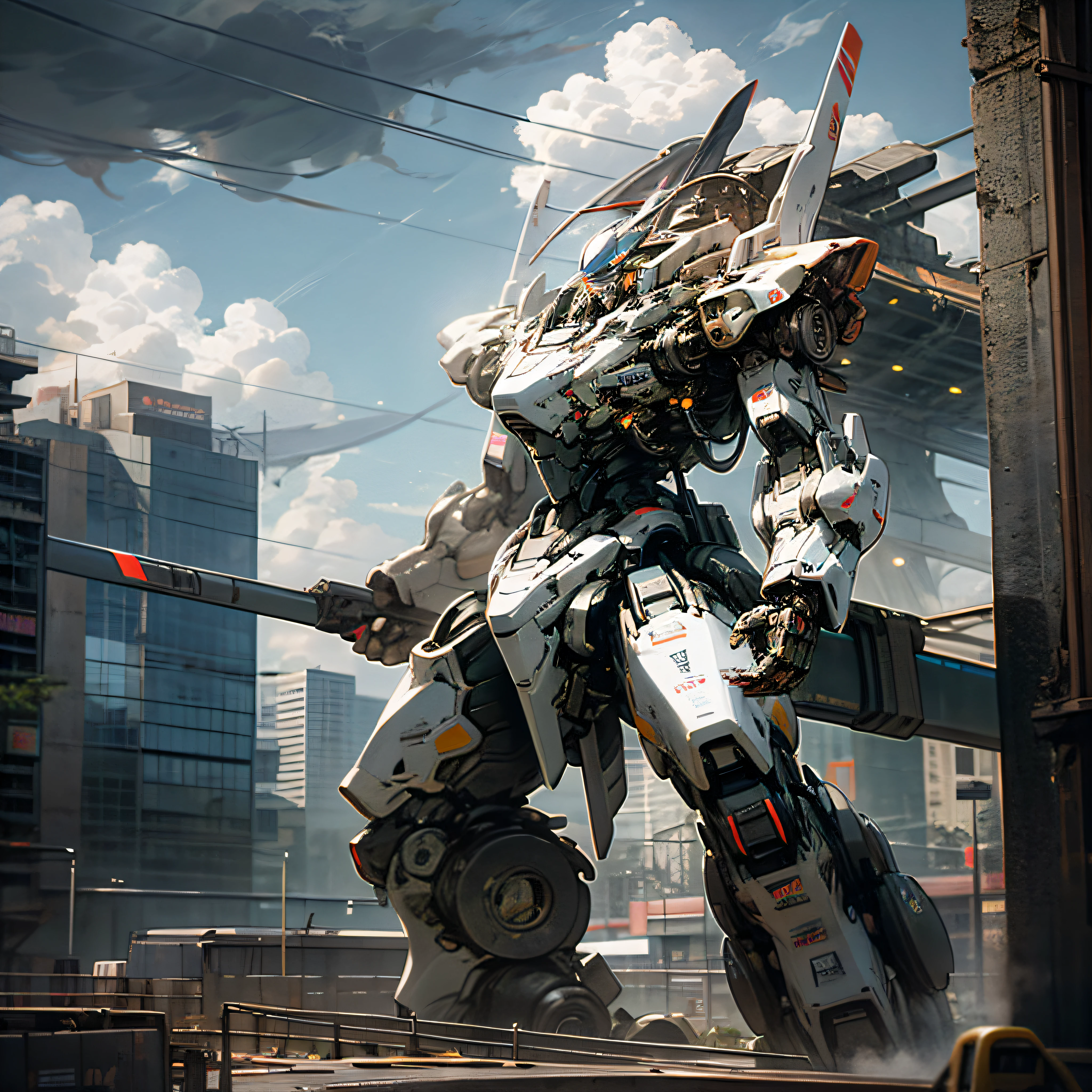 sky, cloud, holding_weapon, no_humans, glowing, , robot, building, glowing_eyes, mecha, science_fiction, city, realistic,mecha --auto