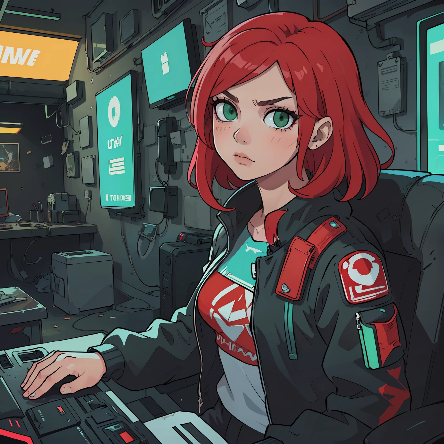 ((masterpiece)), ((best quality)), (((ultra high resolution)), a woman, red hair, green eyes, alone, serious, cyberpunk clothes 2077, inside a cyberpunk house 2077, very detailed background, detailed skin, detailed face, beautiful, messy, dynamic poses, hacker, hologram, futuristic clothes