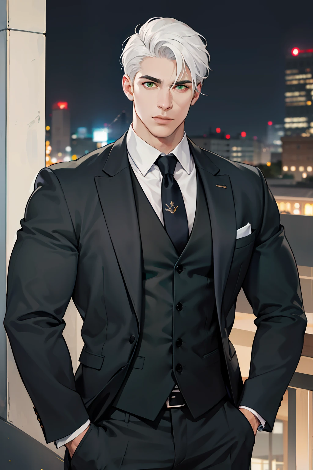 (absurd, highres, ultra detailed, realistic, ), 1 male, solo, adult, mature, high muscular face, broad shoulders, handsome, big hair, white hair, green eyes, angular jaw, thick neck, thick eyebrows, night, dark, night view from the city background, formal suit, tie, upper body