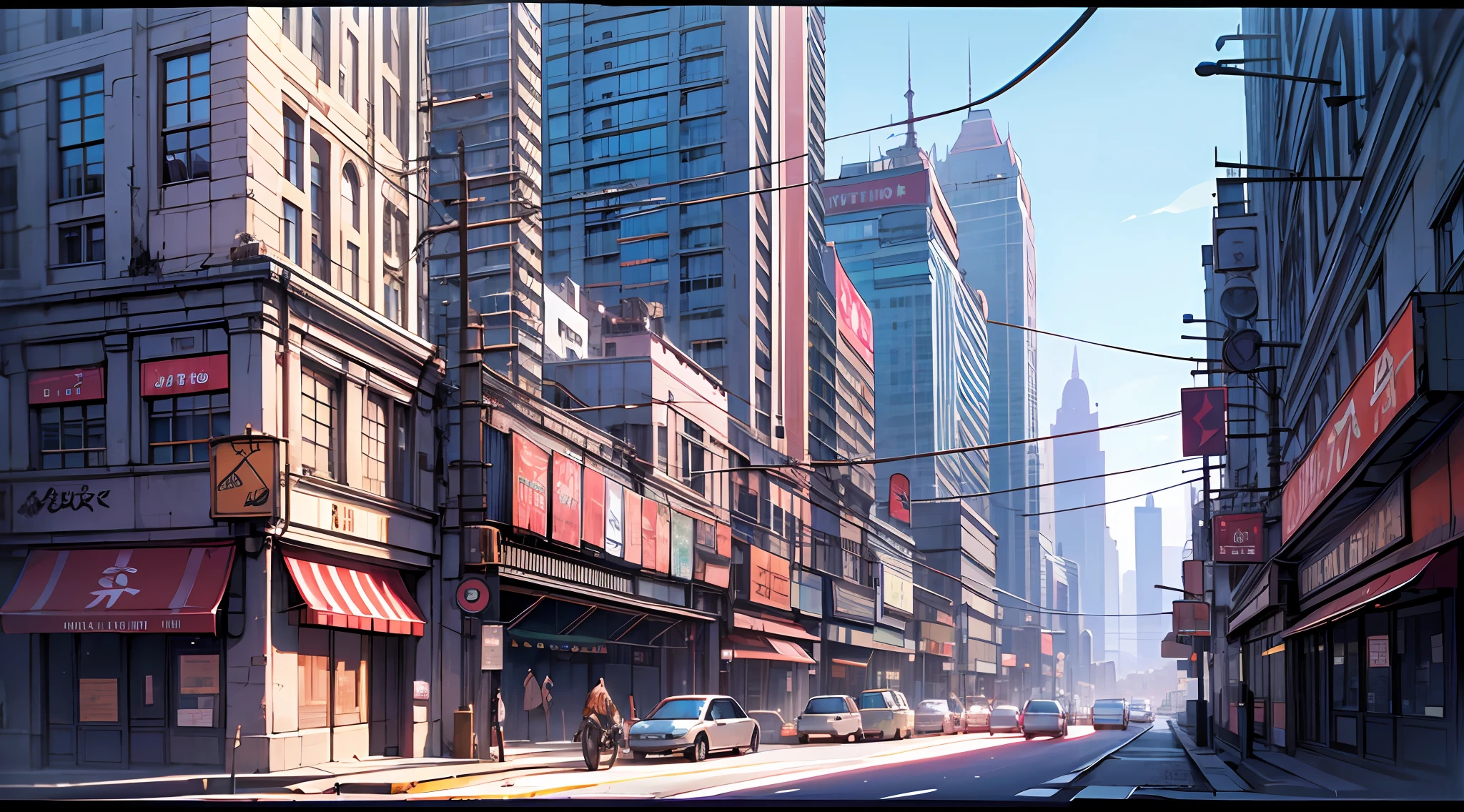 (scenery, outdoor, sky:1.2), masterpiece, best quality, beautiful face, 8k, absurdres, (metal signs:1.2), cables, pole, guardrails, from above, perspective, depth of field, HDR, (bleach bypass, ginnokoshi:0.8), cinematic lighting, professional lighting, very dark landscape shadows, high contrast, sharp focus, highres, photography, hyperrealistic, ultra detailed, sharp details, finely detail, storefront, clean streets, skyscrapers
