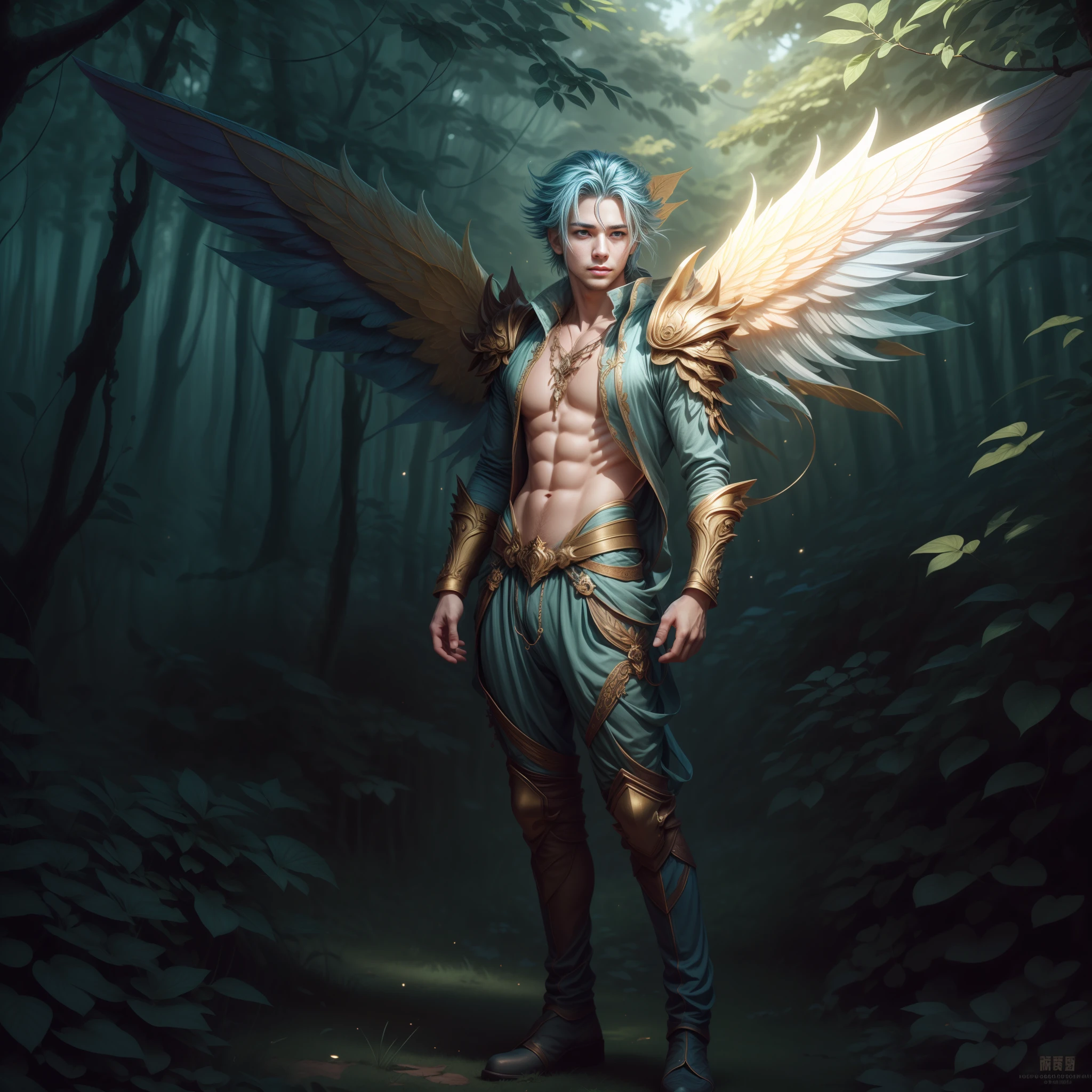 Cute male fairy with blue and gold details, large wings, full body, forest in the background, vibrant colors, lush, body symmetry, male face, perfect face, masterpiece, full body --auto --s2