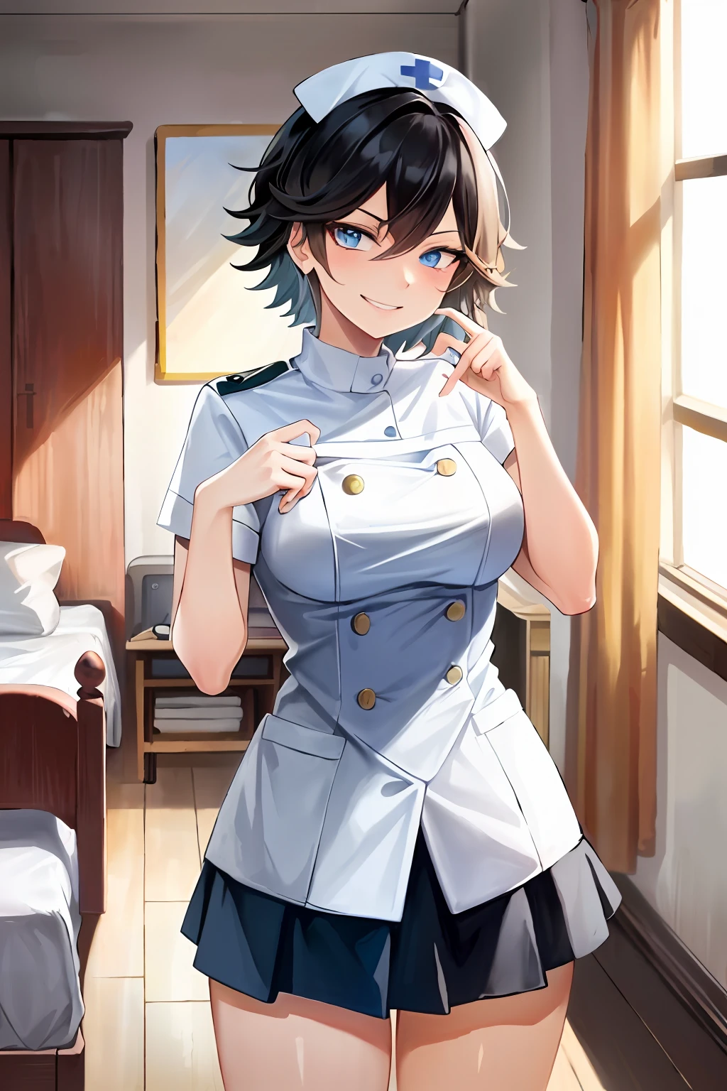 Masterpiece, top quality, high resolution, masterpiece, adult woman in one, evil smile, evil smile, evil plan, black hair, white nurse uniform, short hair, blue eyes, mini skirt, hospital room, needle