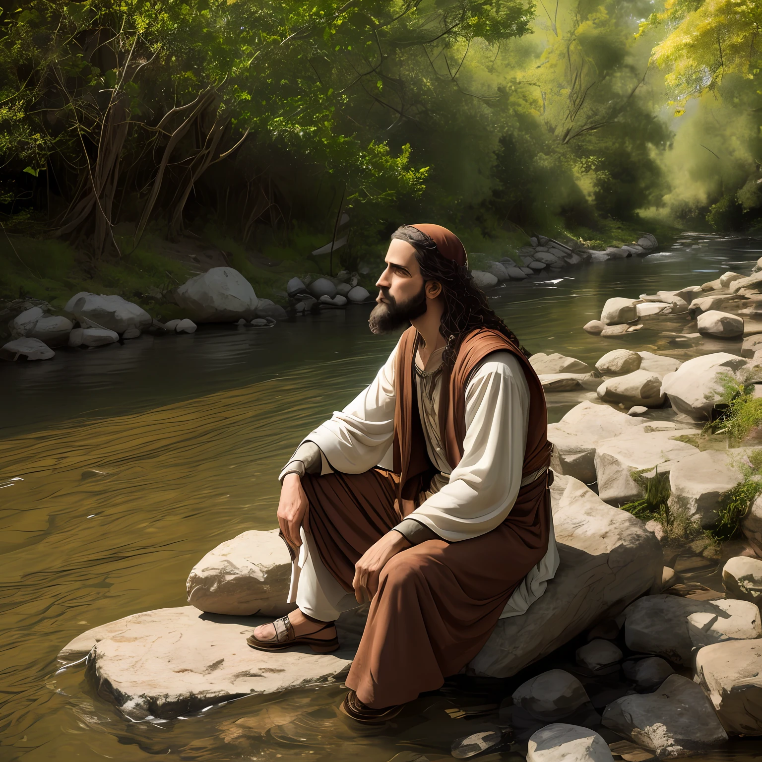 john the baptist dressed in rustic clothes, sitting by the river Jordan, looking straight ahead. 4K Photography --AR 3:2 --auto