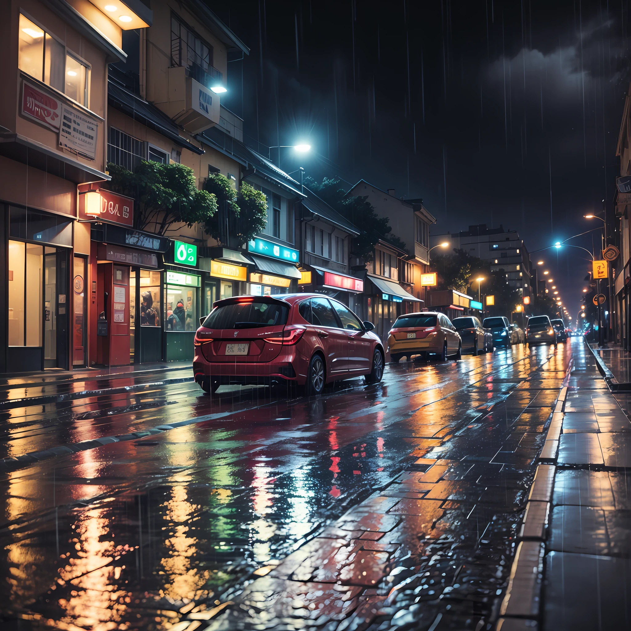Rounded view of a street with a car parked on the side of the road, rainy night city street, torrentially raining is night and raining a lot, rainy night, rainy streets in the background, raining at night, night heavy rain, city at night in rain, rainy night, rainy city at night, deserted wet street at night, wet streets,   on a street at night --auto --s2