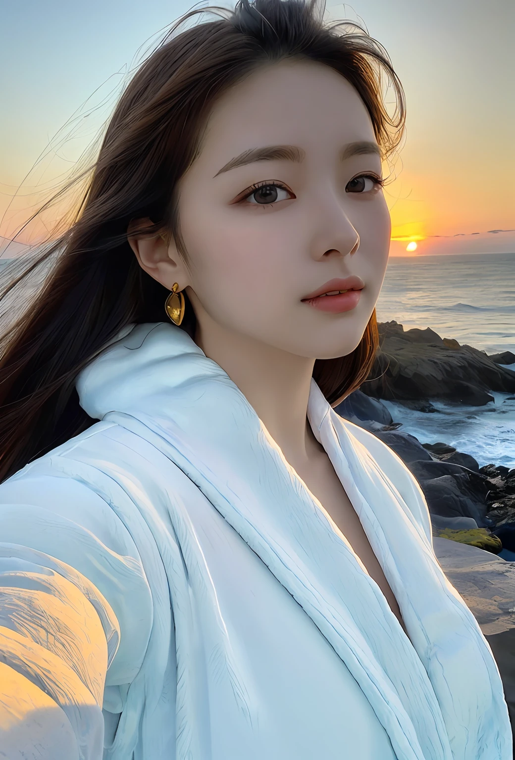 (Masterpiece, Top Quality, Best Quality, Official Art, Beauty and Aesthetics: 1.2), ((1girl fly in the sky))), ((windy), White Clouds, Blue Sky, (((bathrobe))), Supreme detail, (Shiny skin), (earrings), (Masterpiece: 1.3), (8K, Realistic, RAW Photo, Best Quality: 1.4), Beautiful Face, (Realistic Face), Attractive, Ultra High Resolution, Ultra Realistic, Highly Detailed, Golden Ratio, (Outdoor, Ocean, Dawn)