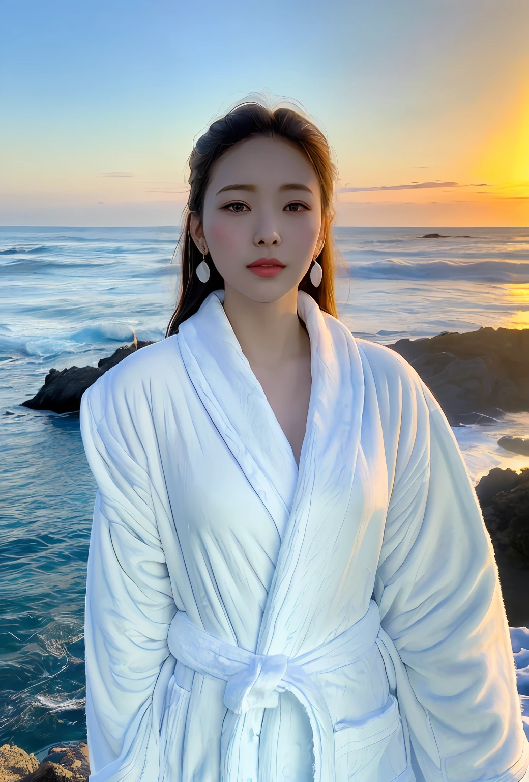 (Masterpiece, Top Quality, Best Quality, Official Art, Beauty and Aesthetics: 1.2), ((1girl fly in the sky))), ((windy), White Clouds, Blue Sky, (((bathrobe))), Supreme detail, (Shiny skin), (earrings), (Masterpiece: 1.3), (8K, Realistic, RAW Photo, Best Quality: 1.4), Beautiful Face, (Realistic Face), Attractive, Ultra High Resolution, Ultra Realistic, Highly Detailed, Golden Ratio, (Outdoor, Ocean, Dawn)