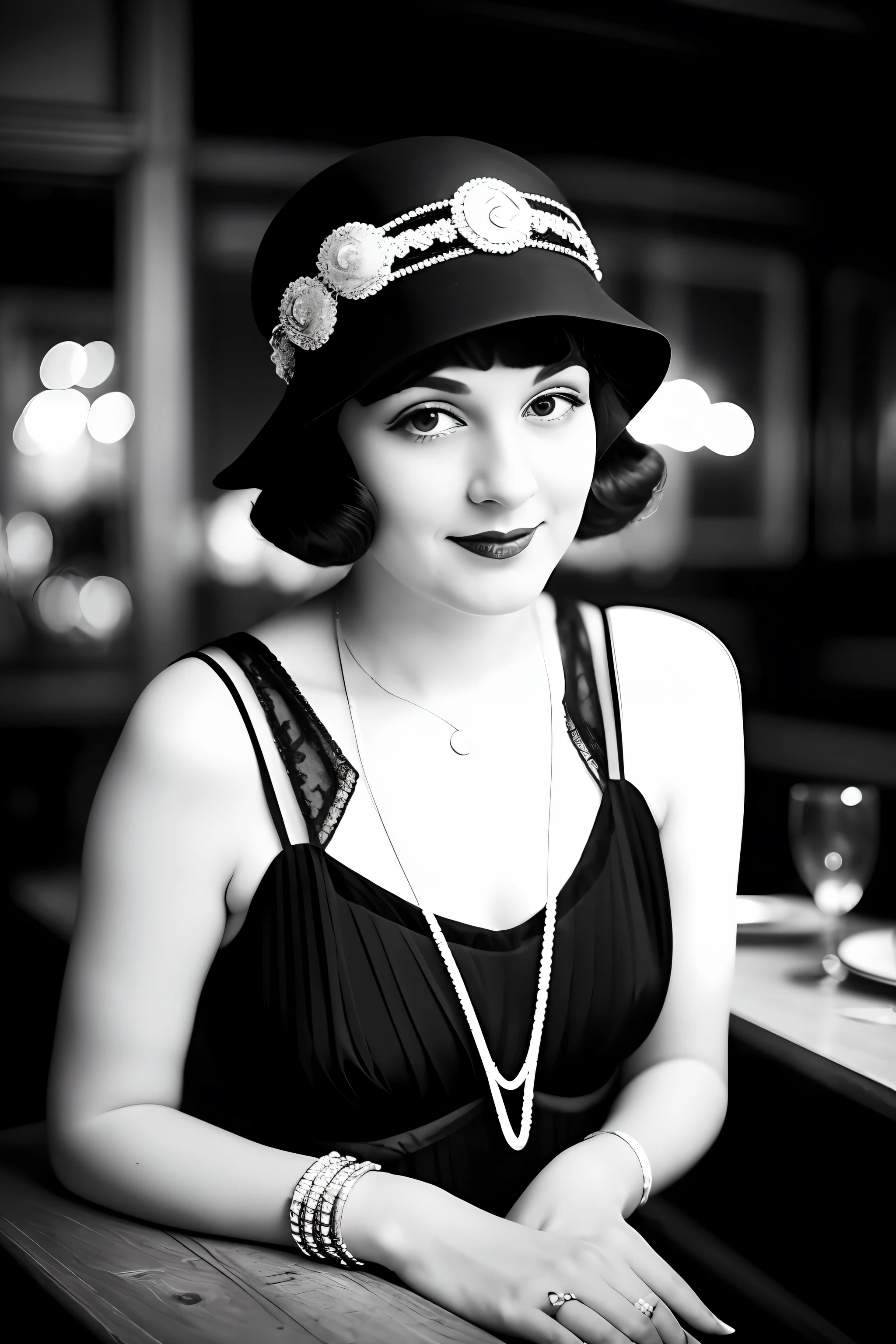 woman posing for a photo, (wearing flapper_dress:1.3), smile,
good hand,4k, high-res, masterpiece, best quality, head:1.3,((Hasselblad photography)), finely detailed skin, sharp focus, (cinematic lighting), collarbone, night, soft lighting, dynamic angle, [:(detailed face:1.2):0.2],(1920s bar), L0uise, black and white photography