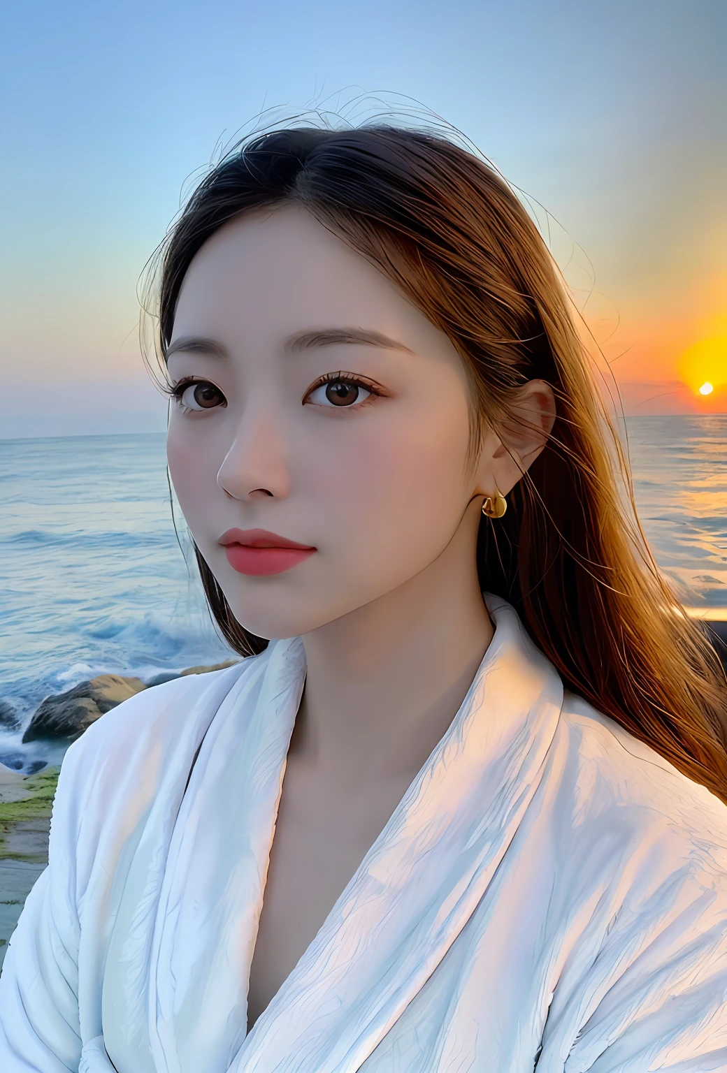 (Masterpiece, Top Quality, Best Quality, Official Art, Beauty and Aesthetics: 1.2), ((1girl fly in the sky))), ((windy), White Clouds, Blue Sky, (((bathrobe))), Supreme detail, (Shiny skin), (earrings), (Masterpiece: 1.3), (8K, Realistic, RAW Photo, Best Quality: 1.4), Beautiful Face, (Realistic Face), Attractive, Ultra High Resolution, Ultra Realistic, Highly Detailed, Golden Ratio, (Outdoor, Ocean, Dawn)