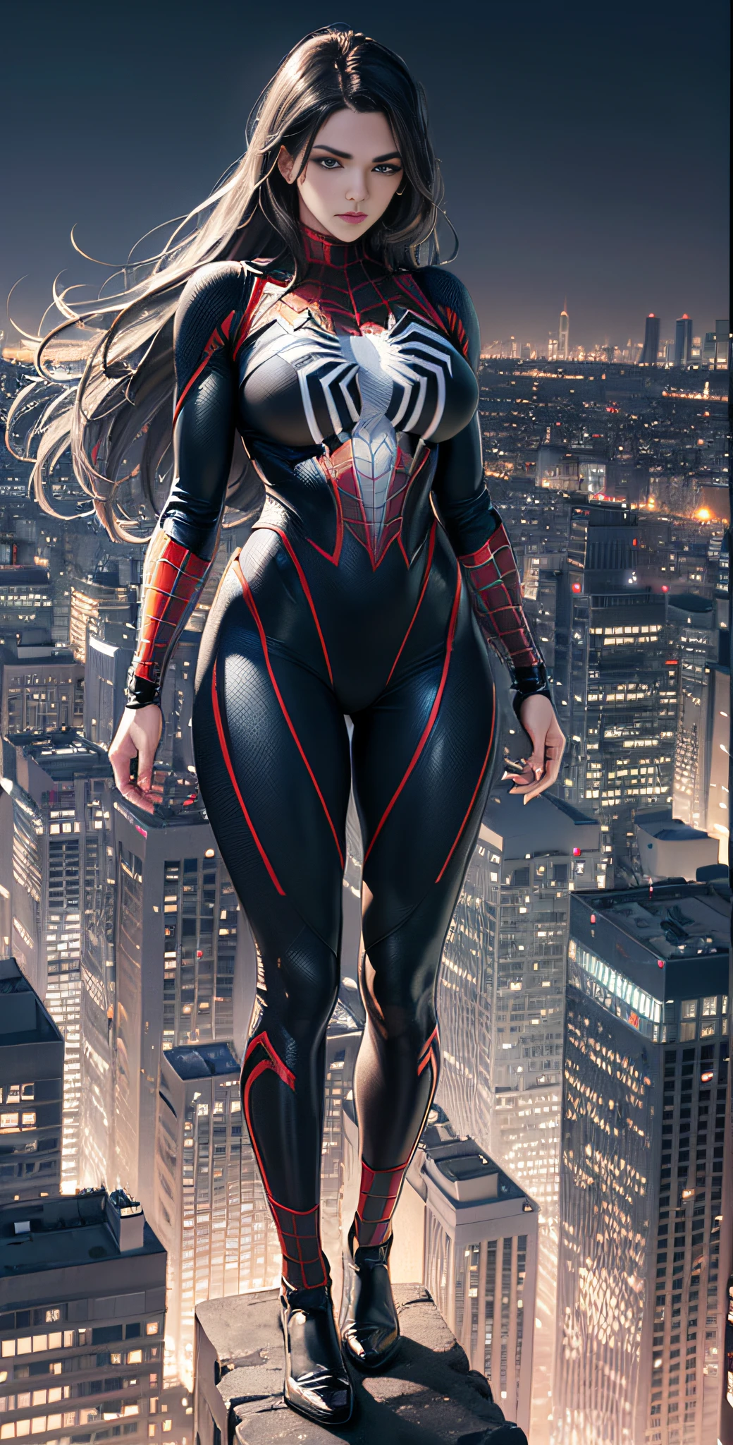 (masterpiece, 4k resolution, ultra-realistic, very detailed), (black and white superhero theme, charisma, there is a girl in a Spider-Man costume over town), (21 years old), (long gray hair: 1.2), full body, (blue eyes: 1.2), (chest)), (beautiful face), ((sandy urban environment): 0.8) |(cityscape, night, dynamic lights), (full moon), very realistic, highly detailed 4K painting, depicts a superheroine in a black and white Spider-Man costume at the top of the city,