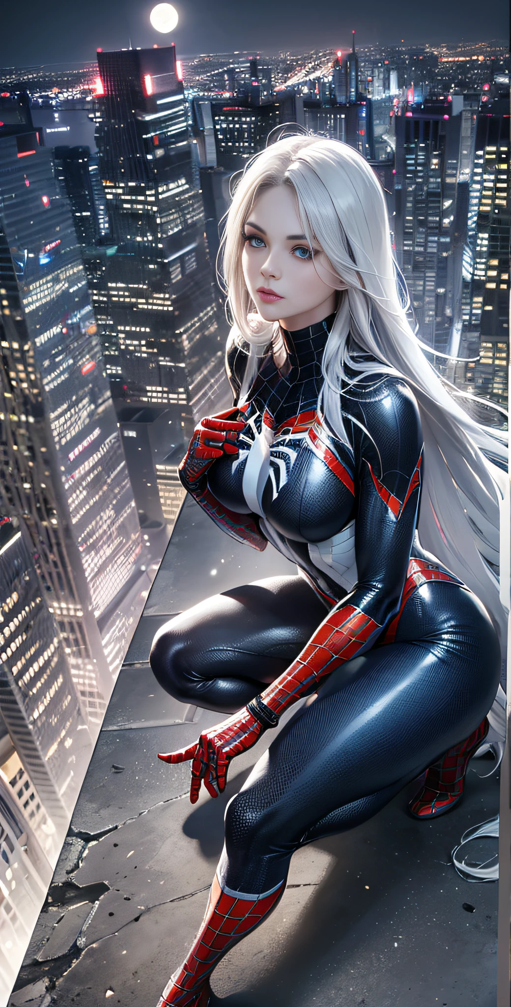 (masterpiece, 4k resolution, ultra-realistic, very detailed), (black and white superhero theme, charisma, there is a girl in a Spider-Man costume over town), (21 years old), (long gray hair: 1.2), full body, (blue eyes: 1.2), (chest)), (beautiful face), ((sandy urban environment): 0.8) |(cityscape, night, dynamic lights), (full moon), very realistic, highly detailed 4K painting, depicts a superheroine in a black and white Spider-Man costume at the top of the city,