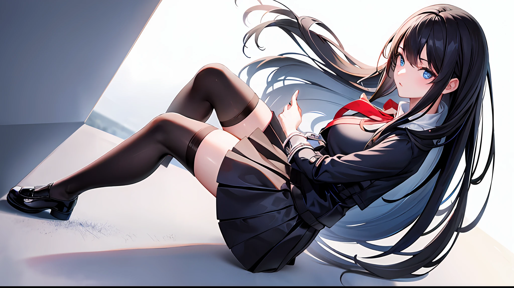 1girl, long hair, solo, blue eyes, serafuku, hair_flower, green ribbon, blonde hair, long sleeves, pleated, clear eyes, (black pantyhose), look at viewer, depth of field, bloom effect, flowers, sky, park, sunlighe, lane, happy, white clothes, red bow, sitting, dutch angle, loafers,
