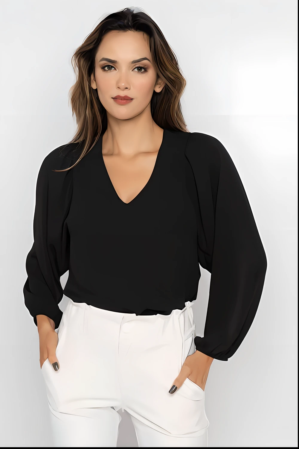 1woman, beautiful, perfect, white pants and black shirt, red lips and beauty best quality, masterpiece